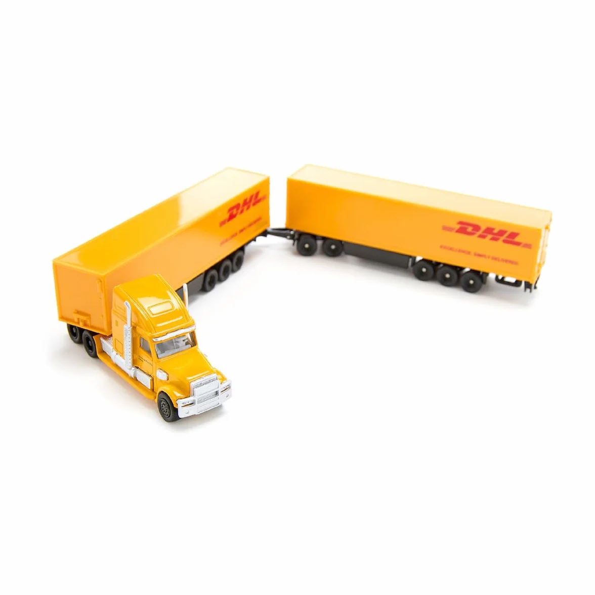 siku 1806, Freightliner DHL Road Train, Ciągnik z naczepą i przyczepą, 1:87, Metal/Tworzywo sztuczne, Żółty, Odłączana naczepa, Otwierane drzwi przyczepy
