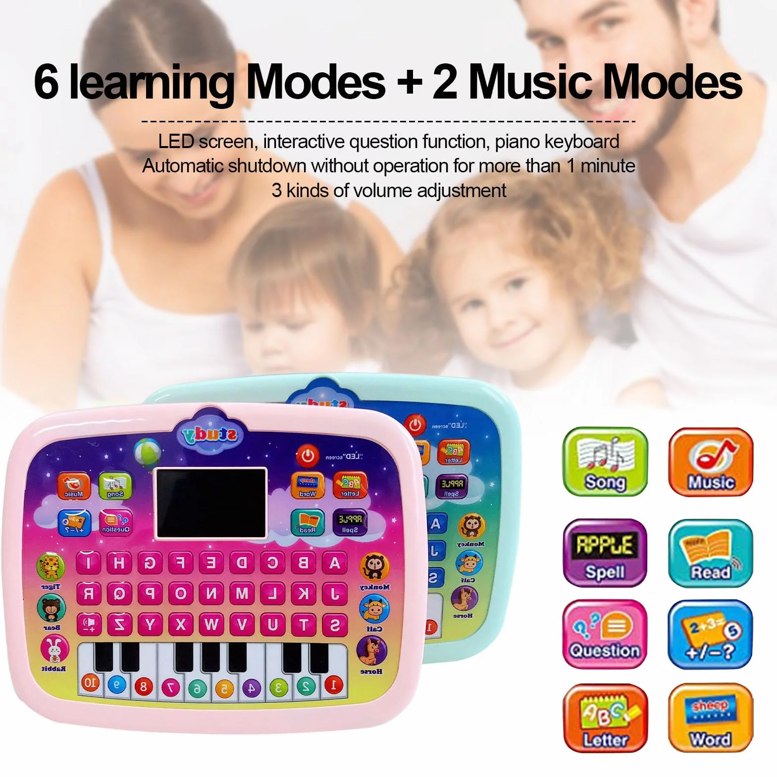 Learning Tablet - Kids Educational Laptop, English Learnings Toy with LED Screen, Fun Feature, Early Education Essential, Learning Device for Boys Girls 1-4 Years Old Preschool Pink Green