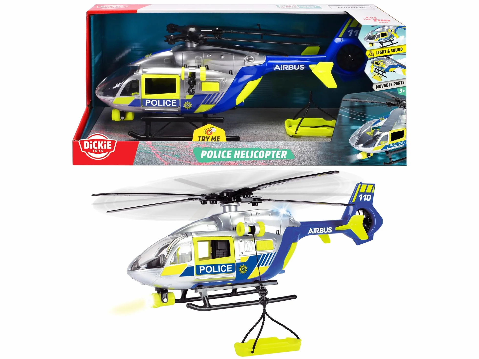 Dickie 203716028038 Police helikopter ze światłami, dźwiękiem, wciągarką i noszami, 203716028038