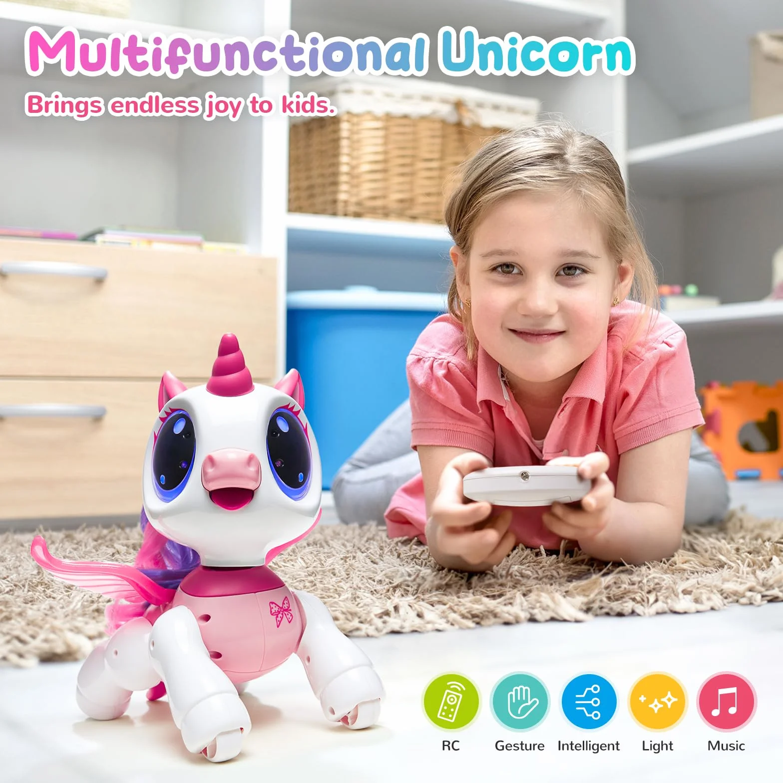 Zdalnego sterowania Robot Toy z interaktywnymi gestami ruchu ręki, STEM Toy Program Treats, Chodzenie i tańce Jednorożec Robot Kids Pink