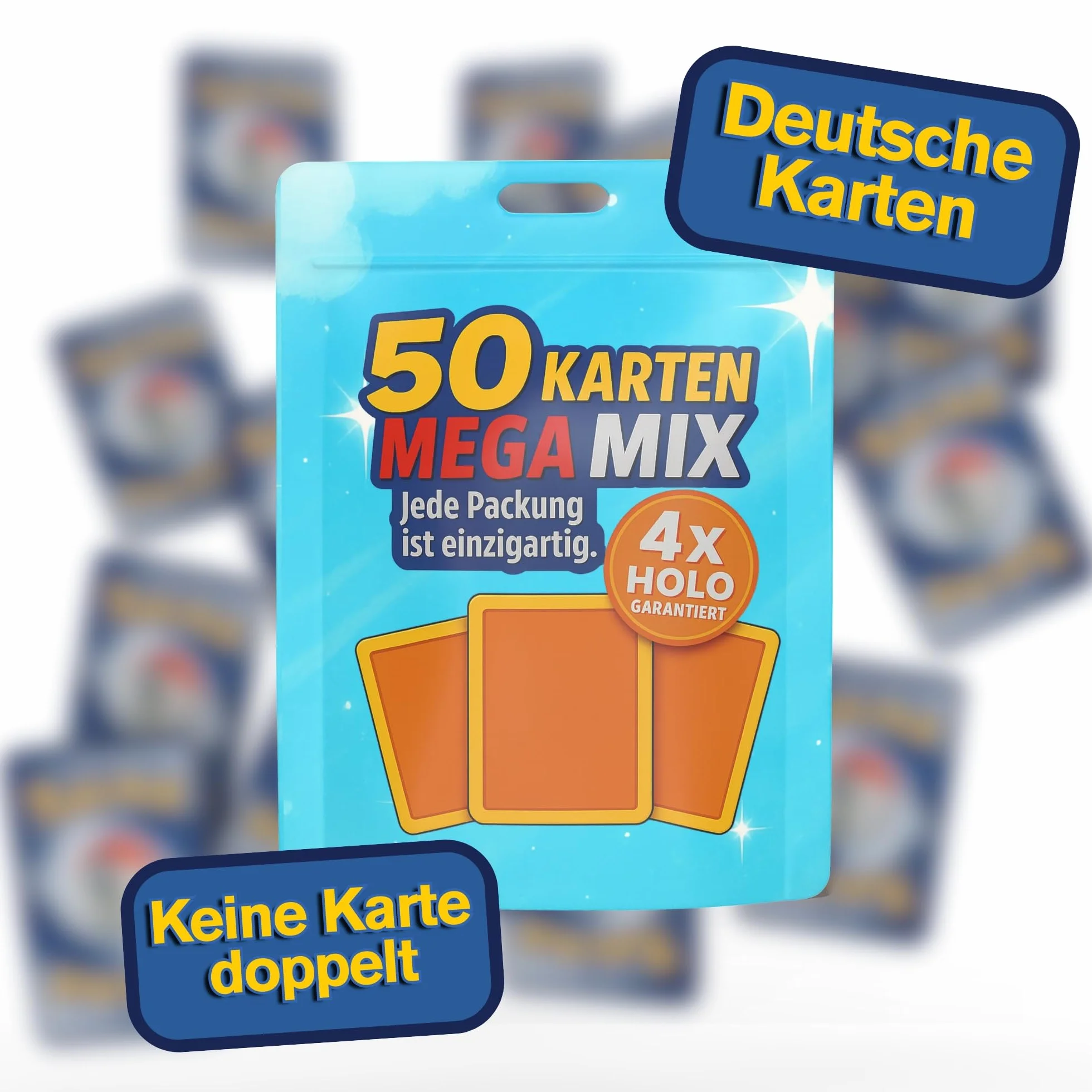 Cardmex Zestaw kart kolekcjonerskich Mega Mix – 50 różnych kart Monster & Trener w foliowych woreczkach kompatybilnych z kartami Pokémon – w zestawie 4 gwarantowanych kart Holo/Reverse Holo