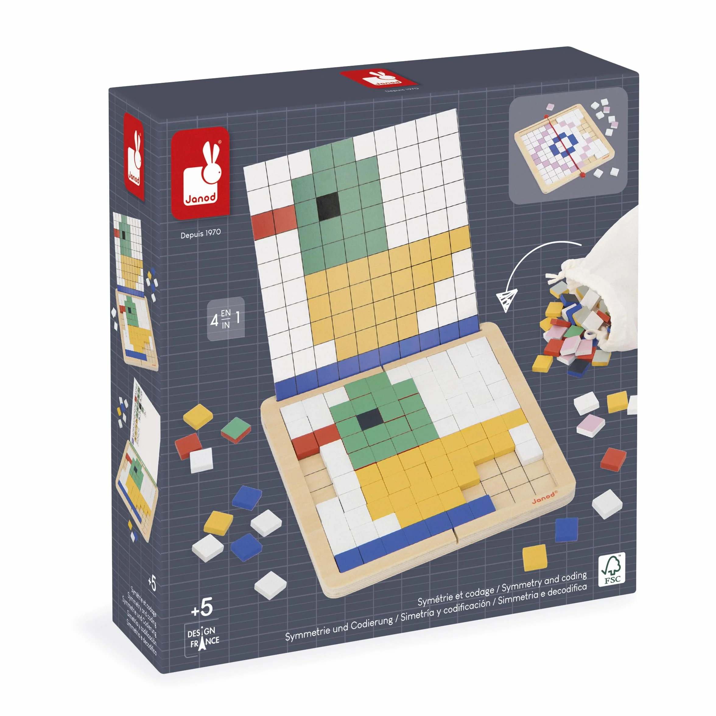 Janod Symétrie & Codage-4 Modes de Jeu-12 Modes à Reproduceire-Idéal Préparation Maternelle et Petite Section Zabawka edukacyjna dla dzieci - wyprodukowana z drewna FSCTM - od 5 lat - J05093, J05093