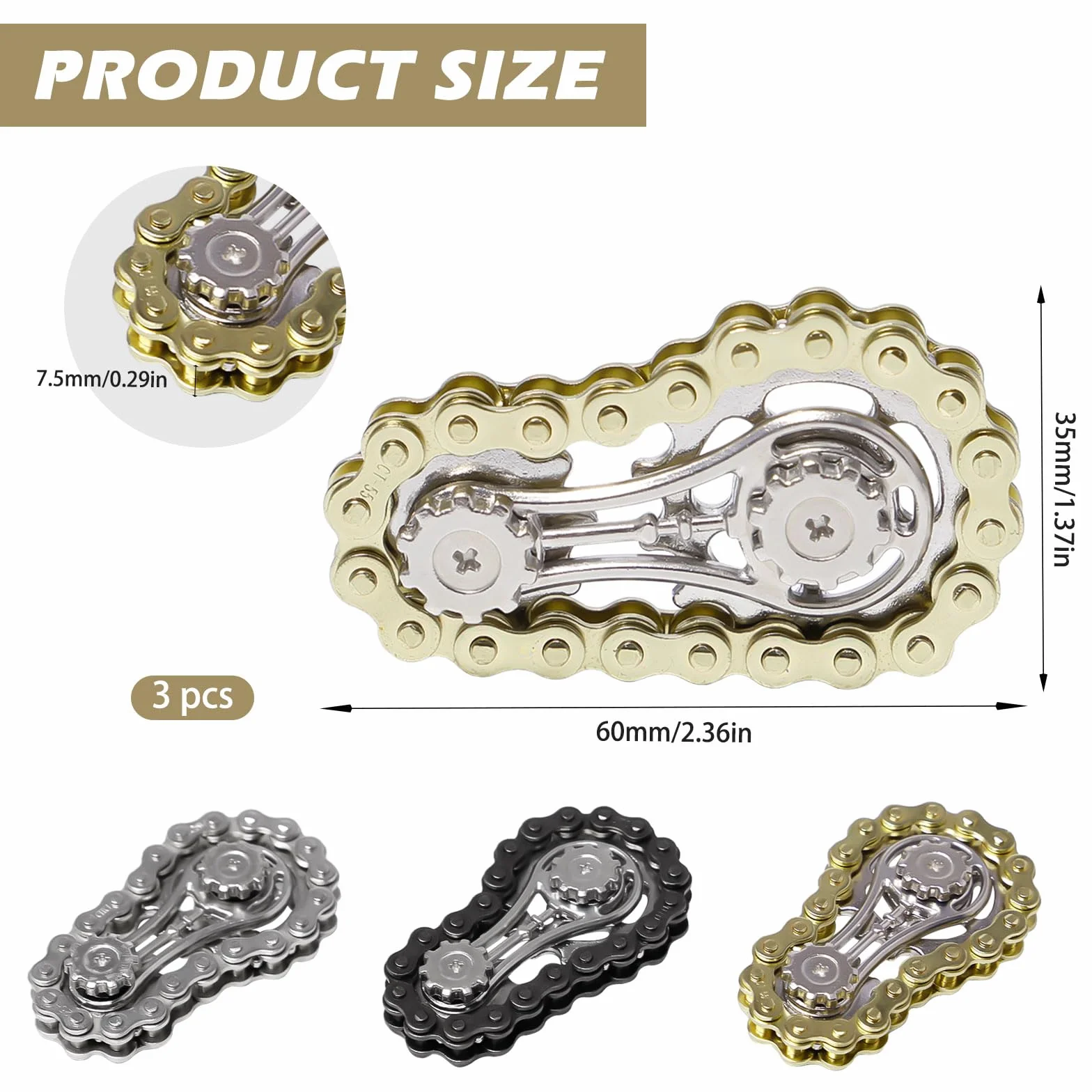 3 sztuki Fidget Spinner Toys Figit Spielzeug z 2 przekładniami Zabawka Fidget Metal Łańcuch rowerowy Trwałe i gładkie łożysko dla dorosłych i dzieci łagodzą stres, niepokój
