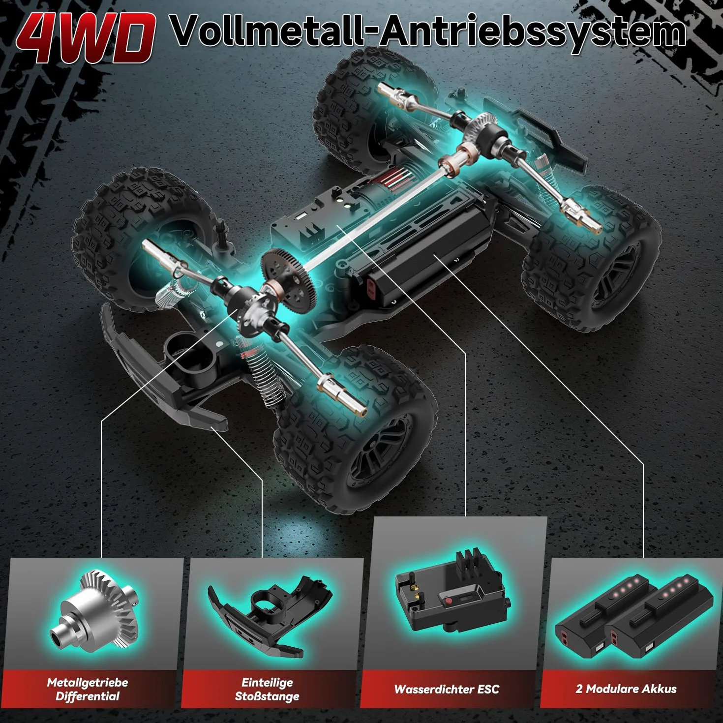 Zdalnie sterowany samochód, 1/14 RC samochód z 7 kolorami światła, 40 km/h, monstertruck Rc Truck, 2,4 GHz Rc Auto Offroad z dwoma bateriami, 4WD wodoszczelny RTR All Terrain, RC Buggy dla dzieci i