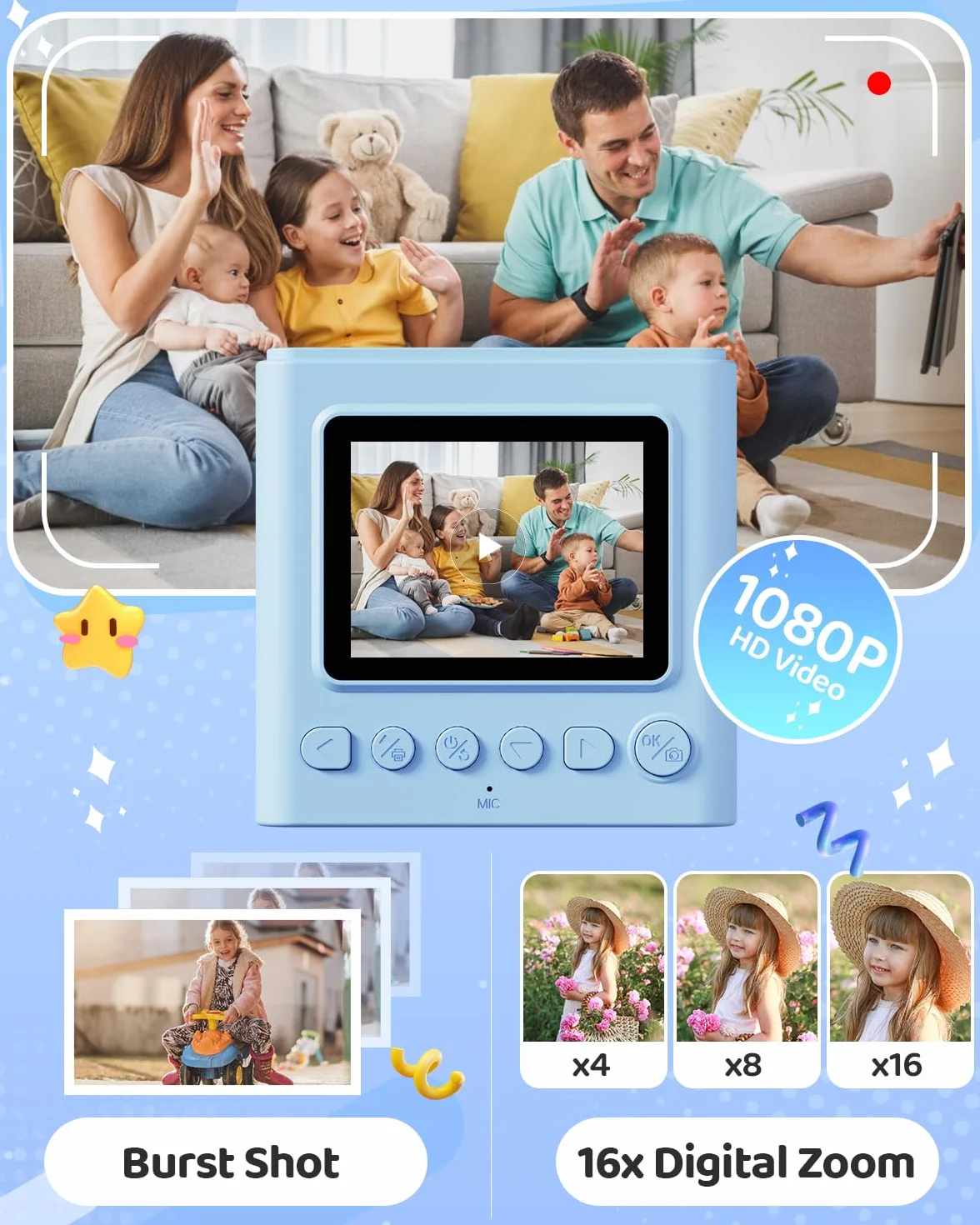 TIATUA aparat błyskawiczny dla dzieci, 2.4'' Aparat Natychmiastowy dla Dzieci z Kartą 32 GB & Papierem do Drukowania, 1080P Cyfrowa Kamera Zabawka, Prezenty na Święta i Urodziny dla Chłopców 3-12 Lat