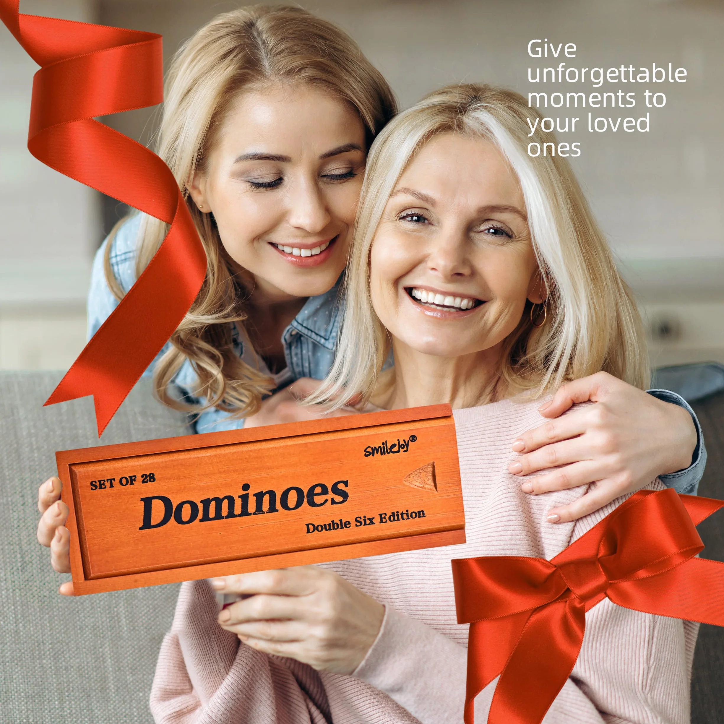 Smilejoy Zestaw domino dla dorosłych, zestaw domino w rozmiarze Jumbo do klasycznych gier planszowych, duży rozmiar podwójny, 6 domino, zestaw 28 sztuk, z brązowym drewnianym pudełkiem Deluex (2-4