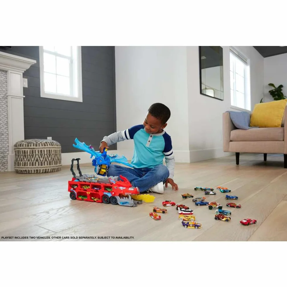 Hot Wheels City zestaw zabawkowych samochodów 2 w 1 i 2 samochody Die-Cast, duży smok i zdejmowany smok, z miejscem na ponad 20 pojazdów, JKJ79
