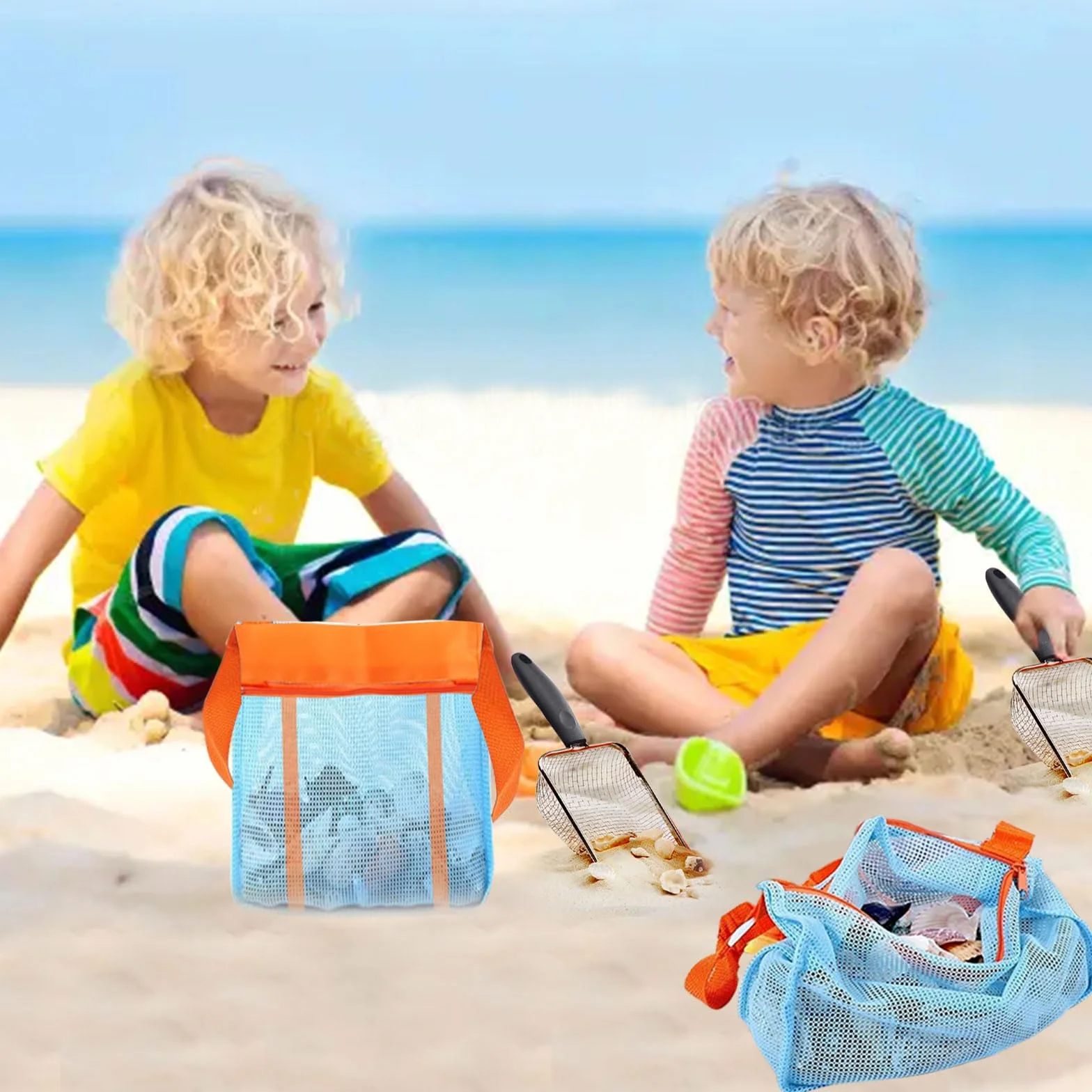 Łopata do piasku dla dzieci, z torbą plażową, torba na zabawki do piasku, torba do kolekcjonowania, metalowa szufla filtrująca, zabawka plażowa dla chłopców i dziewczynek, zbieranie muszli