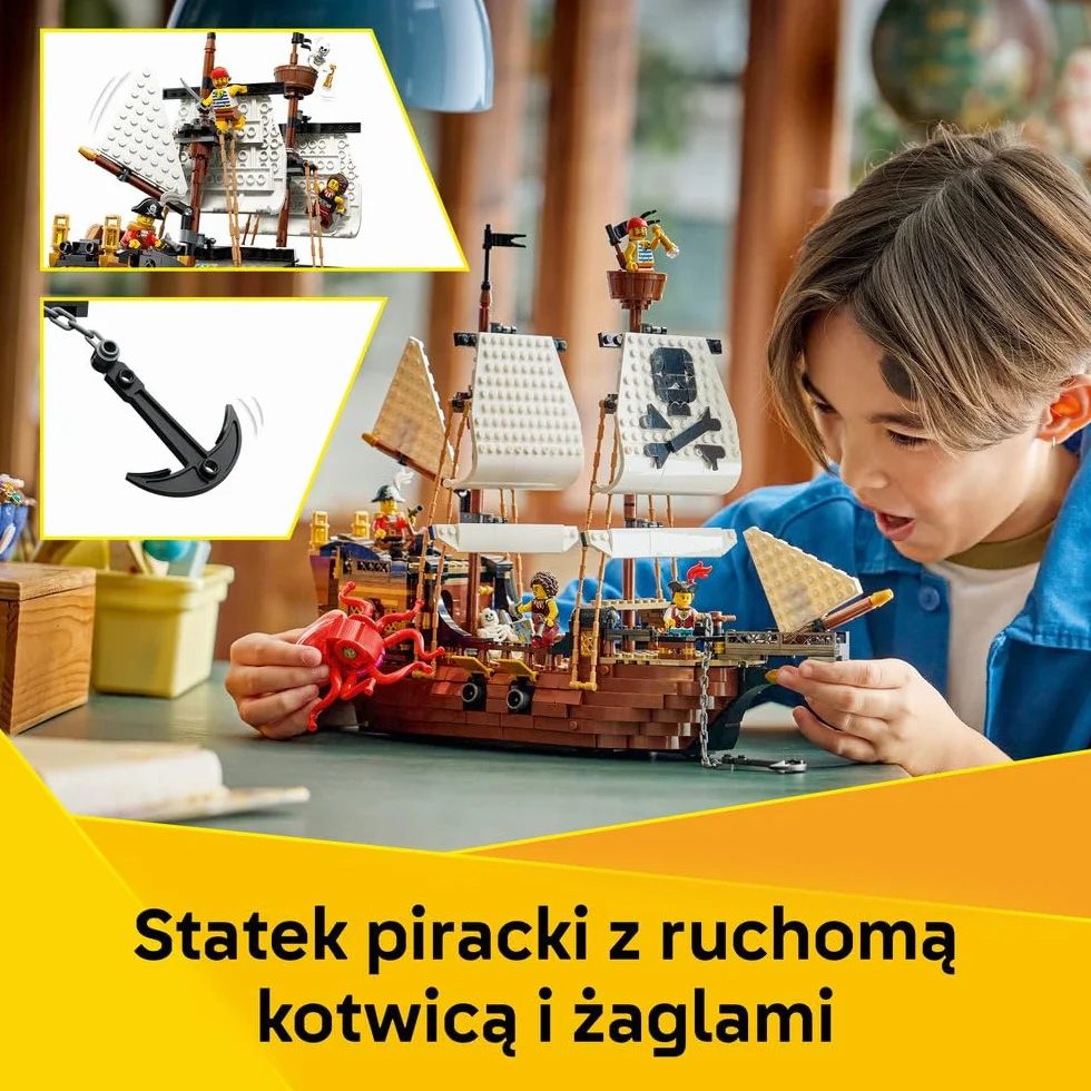 LEGO Creator 3 w 1 Legendarny statek piracki, zabawka konstrukcyjna dla chłopca lub dziewczynki, możliwość przebudowania na zamek lub bliźniacze statki, prezent dla dzieci w wieku od 9 lat 31387