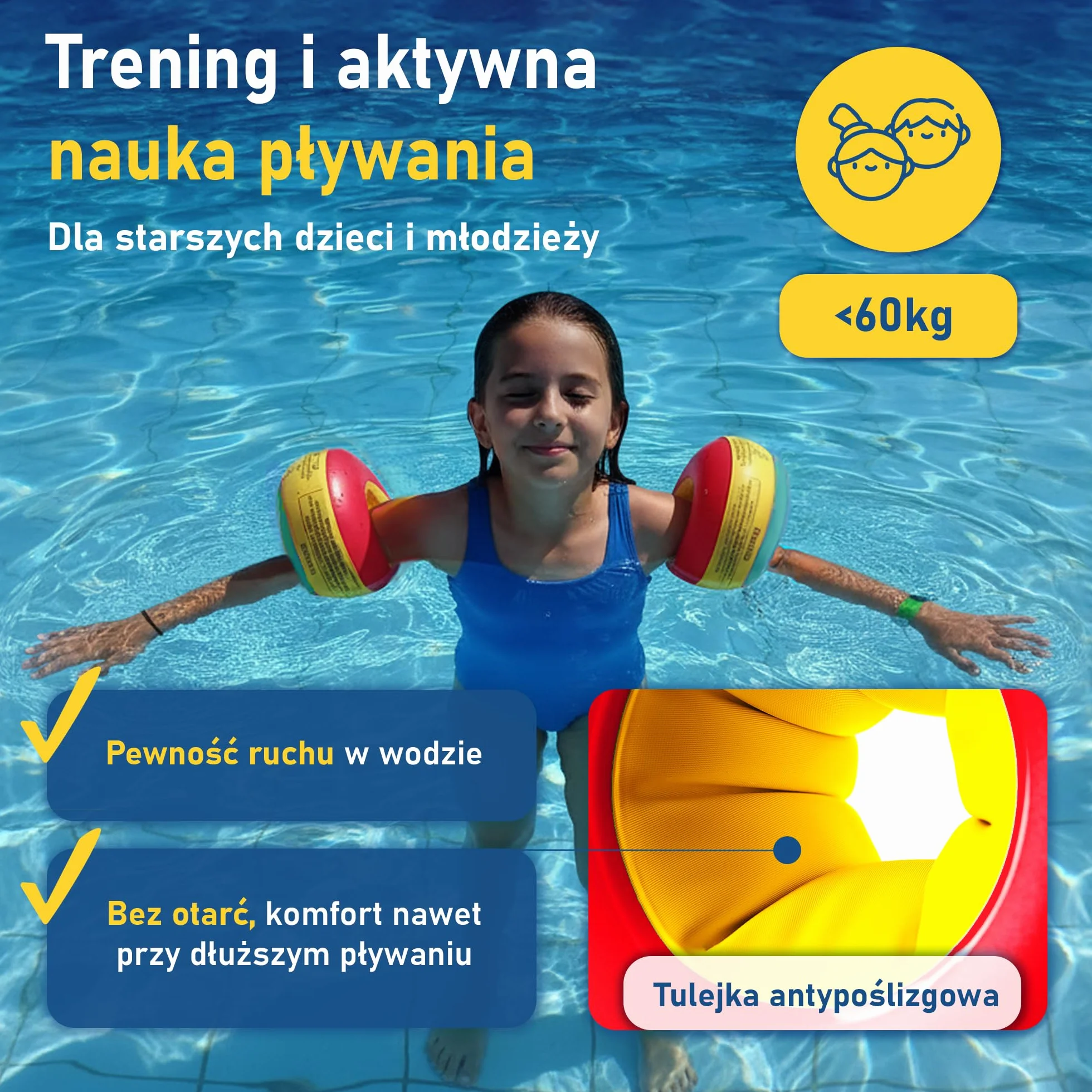Cherek’s KraulQuappen Rękawki do nauki pływania dla młodzieży i starszych dzieci do 60 kg – duży otwór na ramię – rękawki wypornościowe z rdzeniem piankowym