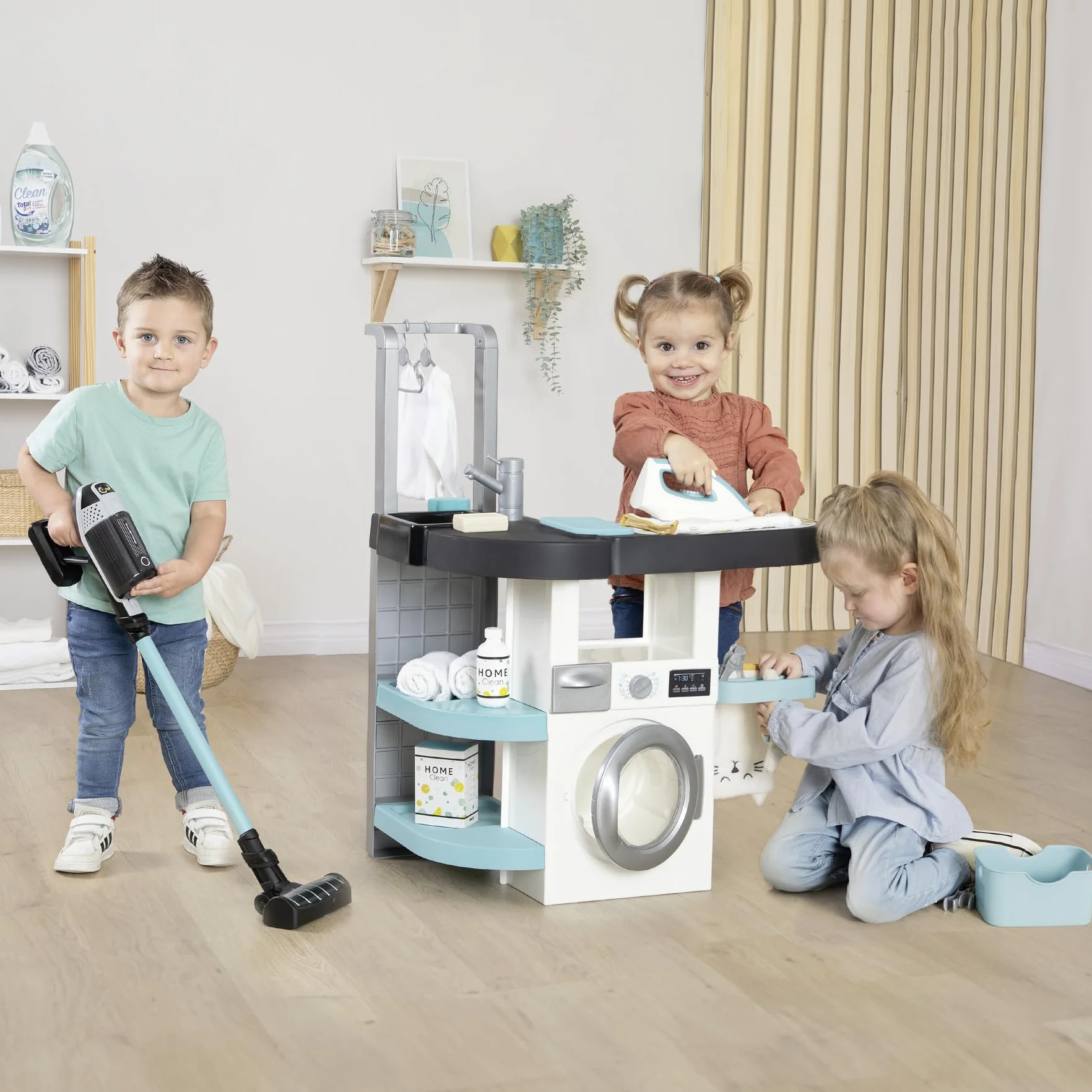 Smoby Rowenta myjnia 3 w 1: Lava, odkurzacz i żelazko. Odkurzacz do miotły Rowenta z dźwiękiem, żelazkiem i wieloma innymi, 17 akcesoriów