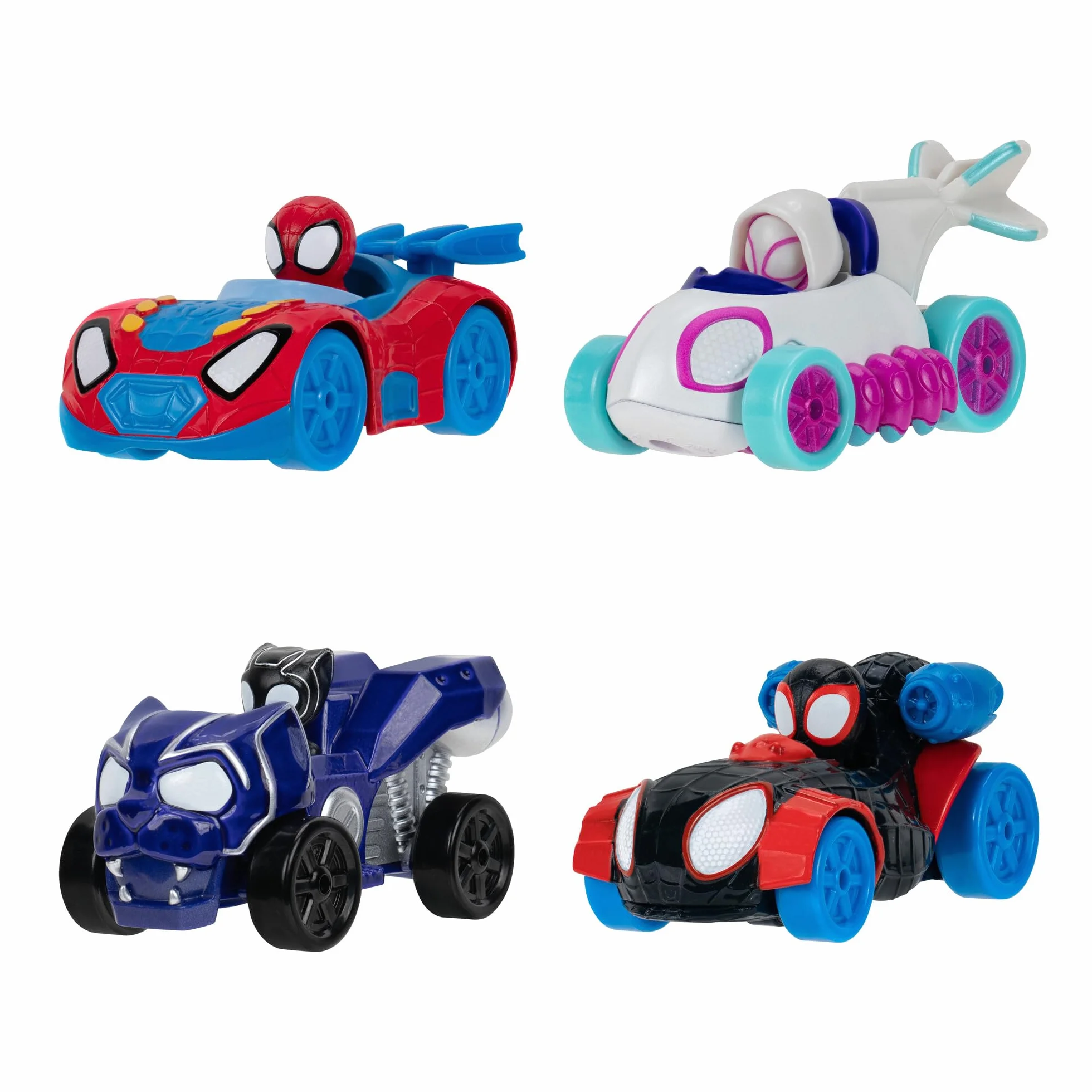 Marvel's Spidey and his Amazing Friends - Amazing Metals 4-pak - zawiera Spidey, Ghost-Spider, Czarna Pantera, Miles Morales: Spider-Man - Pojazdy odlewane ciśnieniowo - Zabawki superbohaterów dla