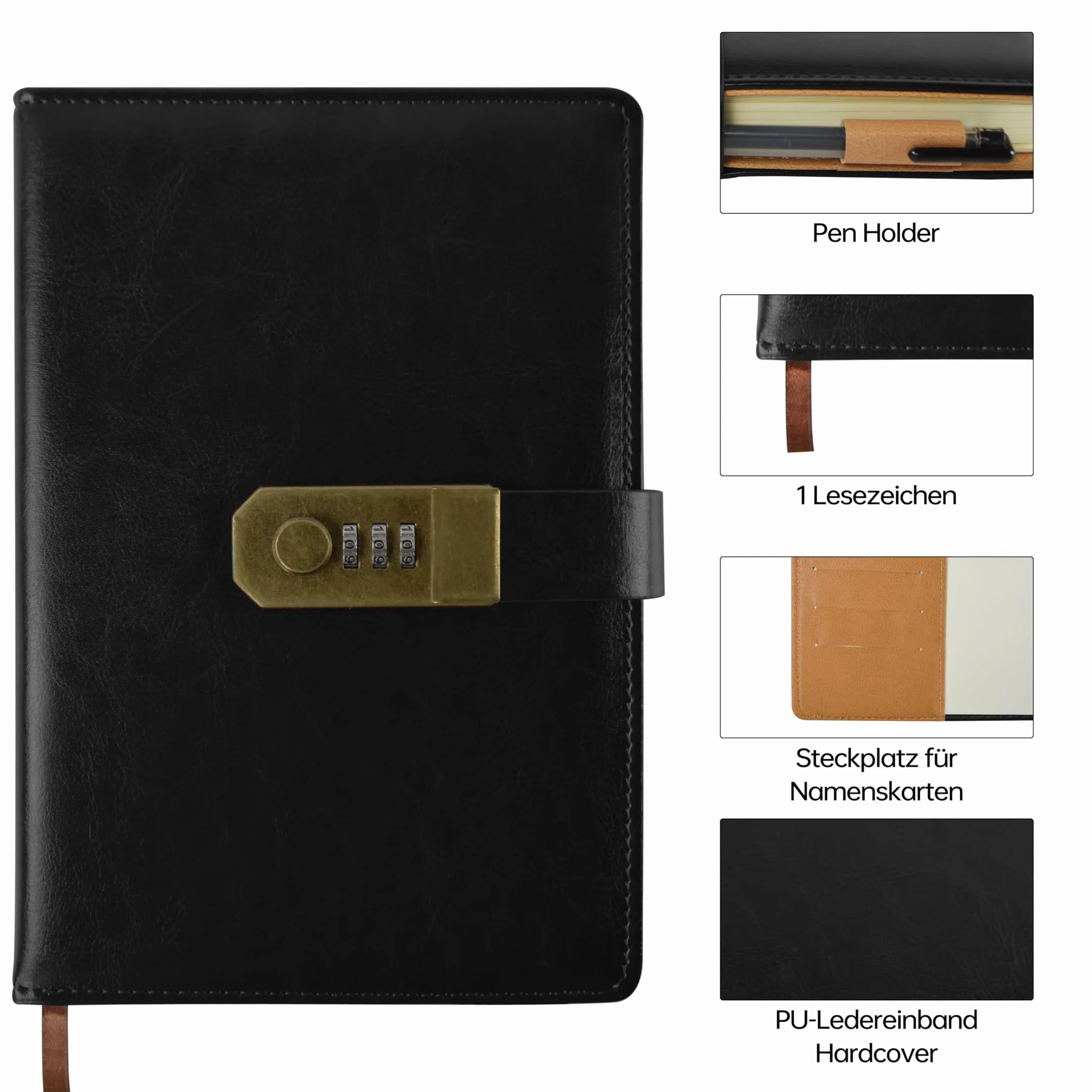 Diary with Lock, A5 PU Leather Diary with Code 200 Pages, 100Gsm Paper, Vintage Reading Journal Diary with Lock for Women & Men, (Czarny)
