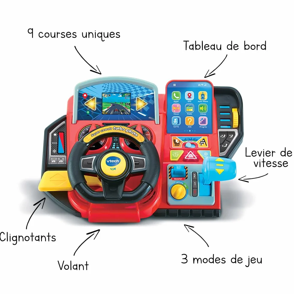 VTech - Super Turbo Console Driver, symulator jazdy z kolorowym ekranem i deską rozdzielczą, wyścigi samochodowe, nauka i gry, prezent dla dzieci w wieku od 3 lat do 8 lat - Zawartość w języku