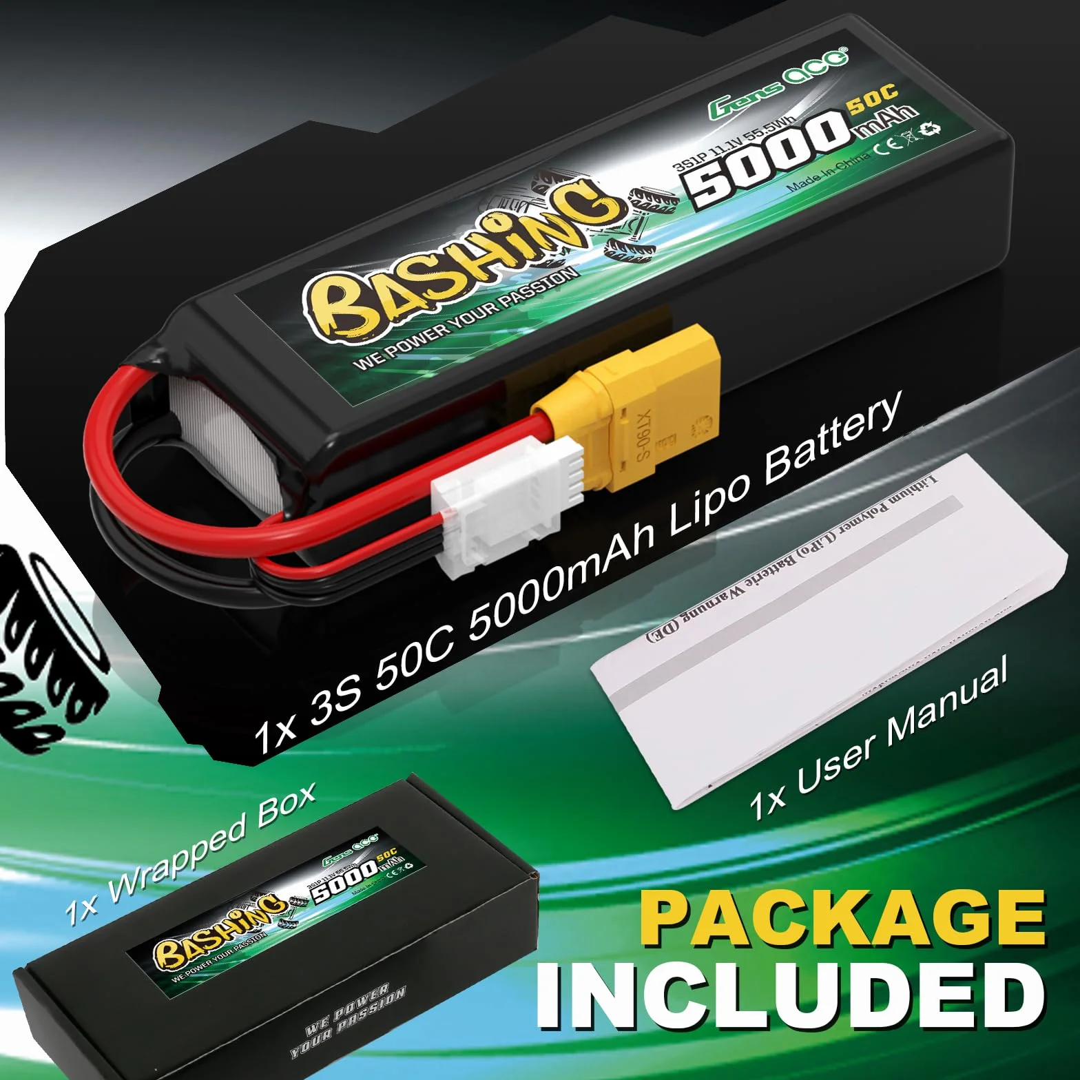 Gens Ace 3S LiPo akumulator 11,1 V 5000 mAh 50C z wtyczką XT90 bateria bashing do 1/8,1/10 RC samochód RC samolot, helikopter RC, RC Hobby