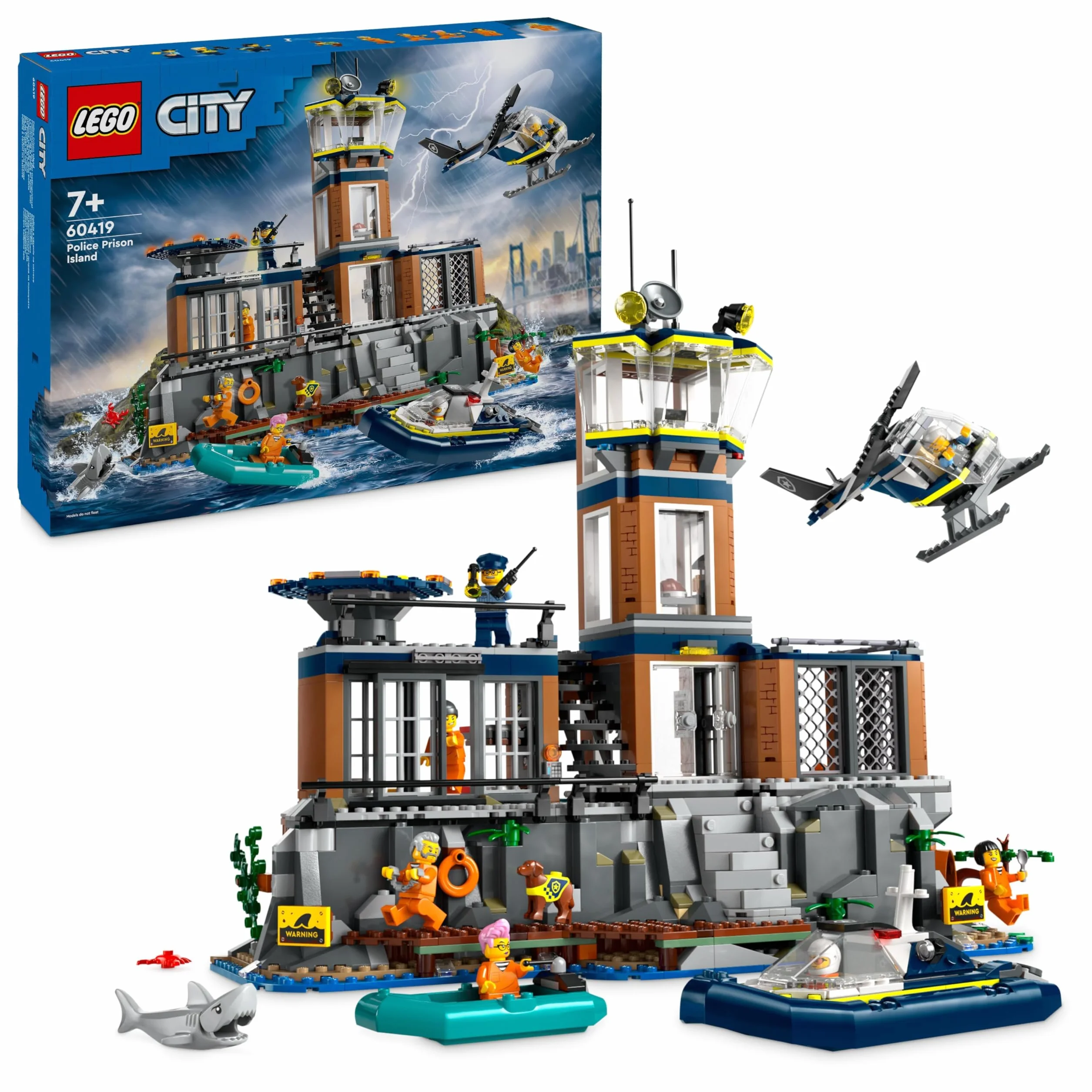 LEGO City Policja z Więziennej Wyspy 60419 dla chłopców i dziewczynek w wieku od siedmiu lat, którzy uwielbiają twórczą zabawę; helikopter, łódka i ponton, siedem minifigurek oraz figurki psa i rekina