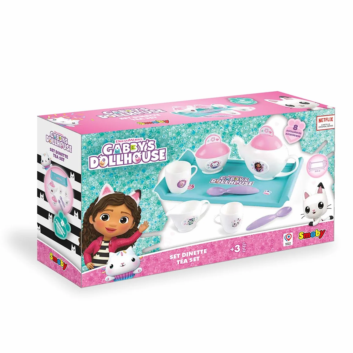 Smoby 7600312508 Koci domek Gabi Taca z zastawą (kubeczki; czajnik do herbaty z pokrywką; łyżeczki; cukiernicę z przykrywką oraz pojemniczek na mleko).