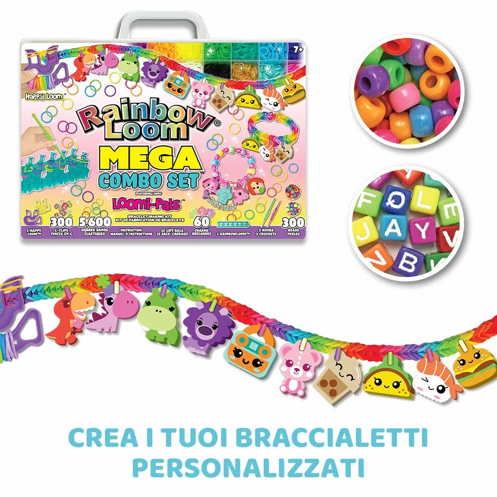 Rainbow Loom Bandai Loomi-Pal Mega Combo, urządzenie do tworzenia biżuterii, rękodzieło, do samodzielnego wykonania bransoletek, pakiety gumowych krosów, zestaw dla chłopców i dziewcząt, akcesoria z