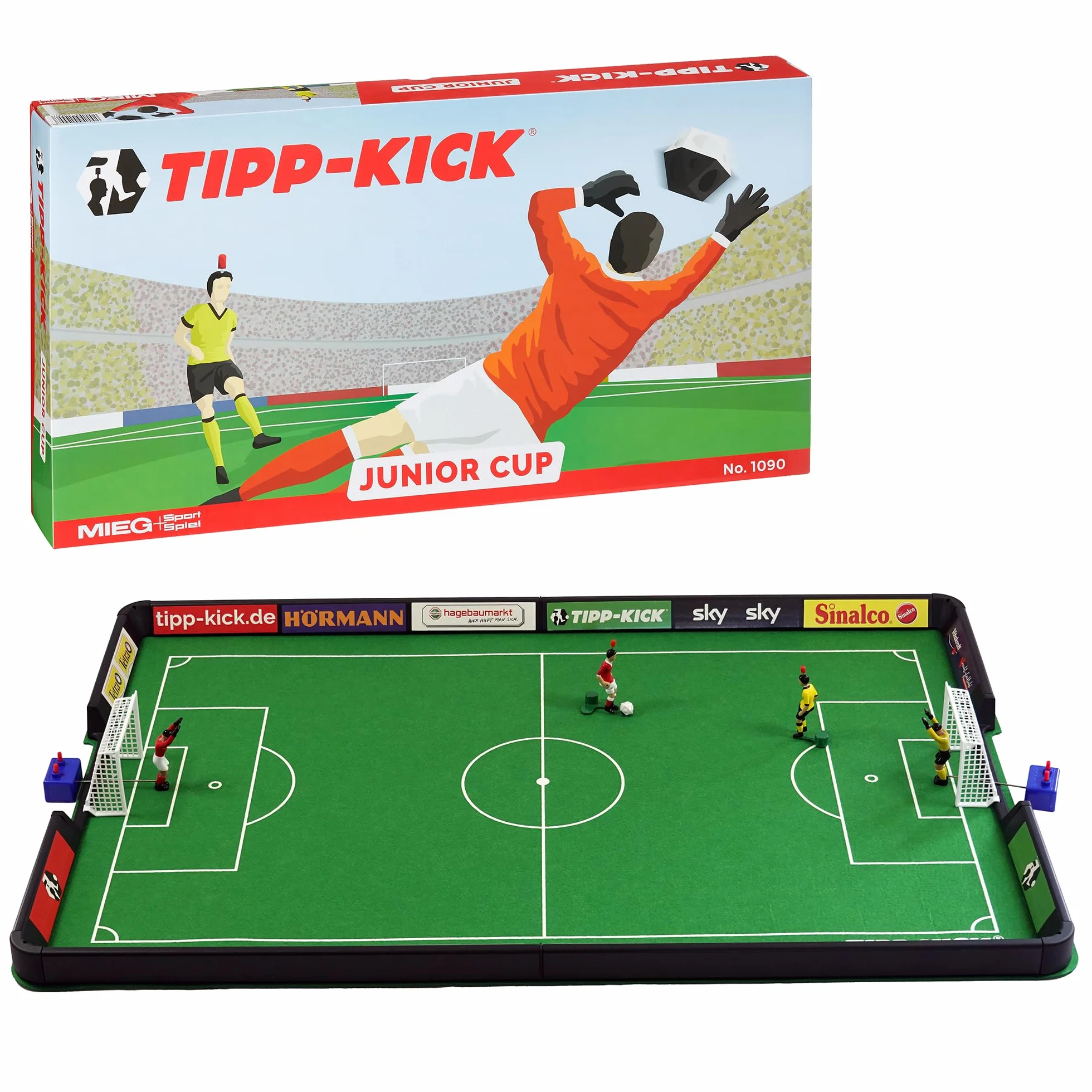 TIPP-KICK Puchar Juniora z deską 80 x 56 cm – zestaw gotowy do gry z 2 graczami, 2 x bramkarzem, 2 x plastikowa bramka, 2 x piłka I filcowe boisko do gry