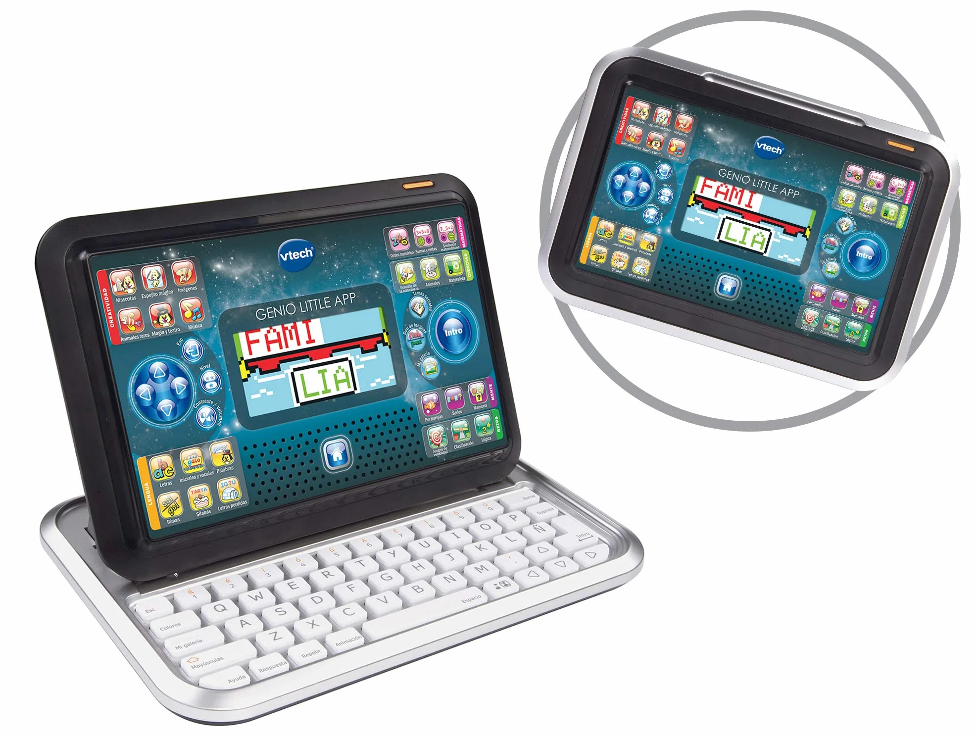 VTech - Laptop i tablet 2 w 1 Genio Mała aplikacja, Komputer edukacyjny dla dzieci +4 lat, 80 zajęć uczących liter, angielski, matematyka, nauka, Wersja ESP