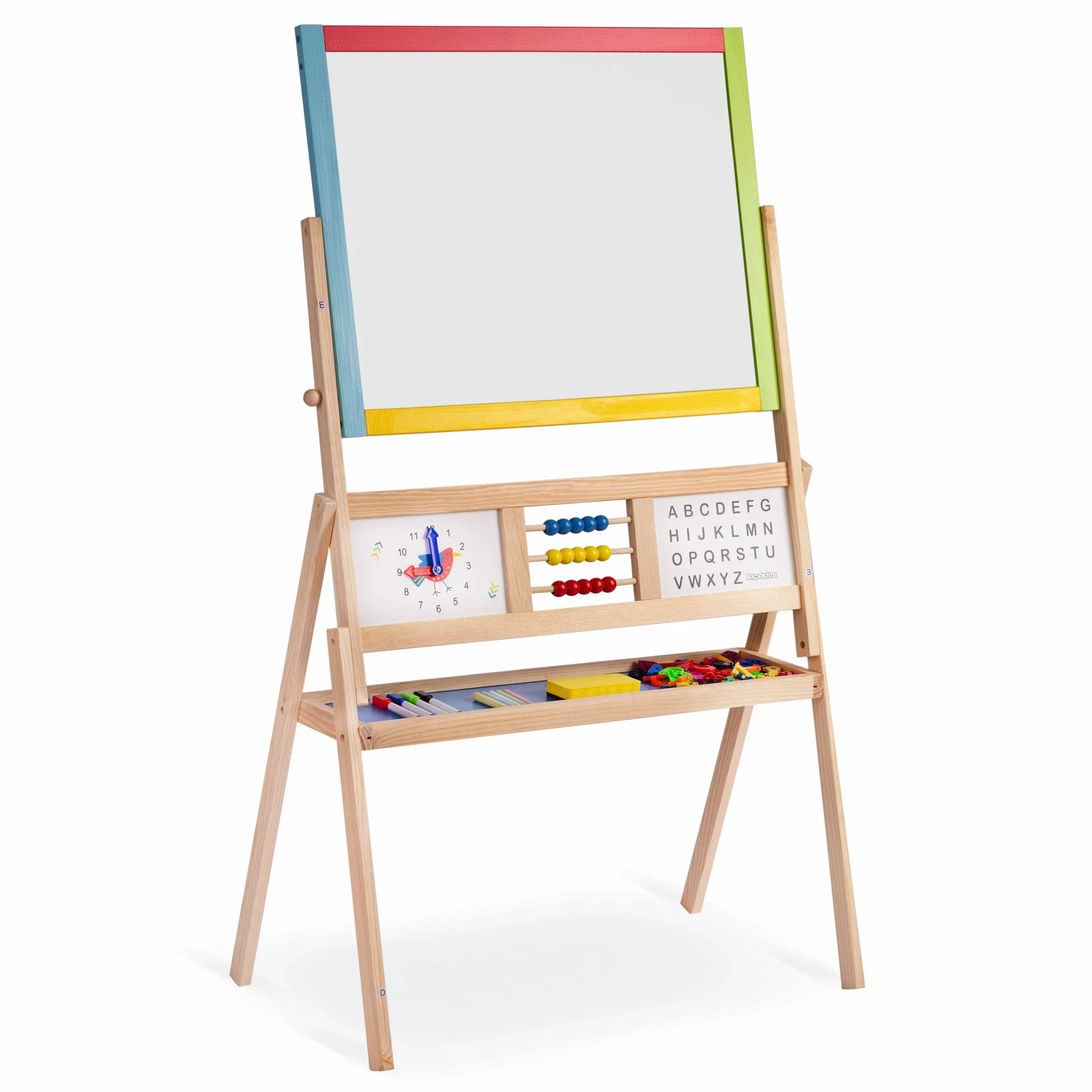 Ricokids Tablica do zabawy dla dzieci, magnetyczna tablica suchościeralna, zegar liczydło i tablica do malowania kredą, tablica dla dzieci, sztaluga z drewna