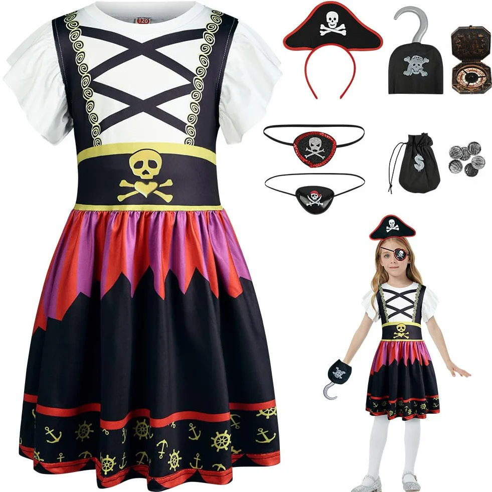 AUYAO Kostium piratów dla dzieci, 7 szt. Zestaw kostiumów piratów z sukienką, kapeluszem i naszywką na oko, zestaw dla dziewczynki Buccaneer, kostium na Halloween dla dziewczynek na karnawał, imprezę