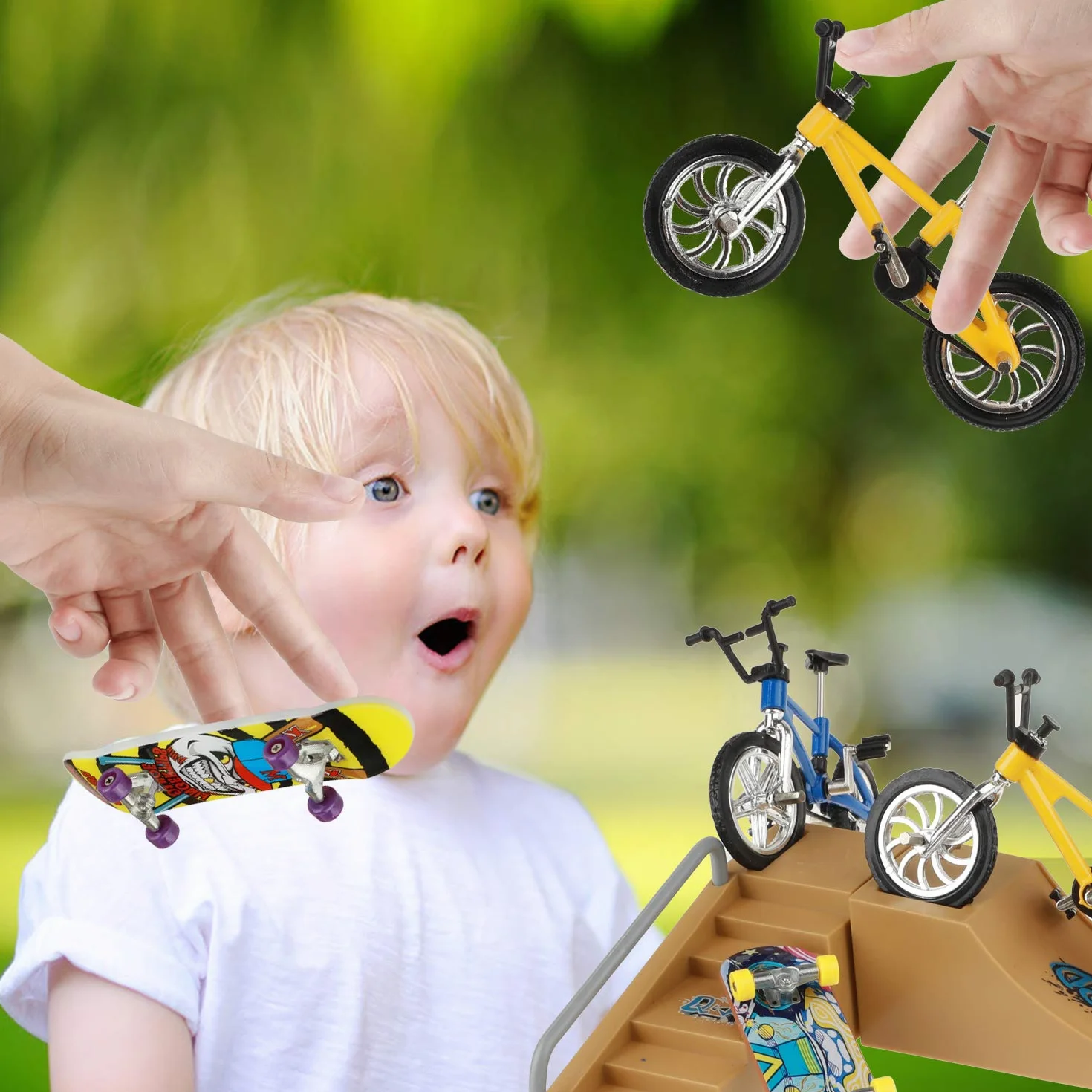 Zestaw do skateparku, mini zabawki na palec, deskorolki, rowery, mała huśtawka z wymiennymi kółkami i narzędziami (17 szt.)