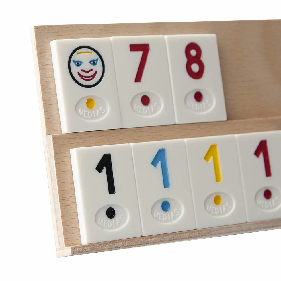 Rummy Spiel Medias – 106 płytek i pudełko do przechowywania z litego drewna bukowego