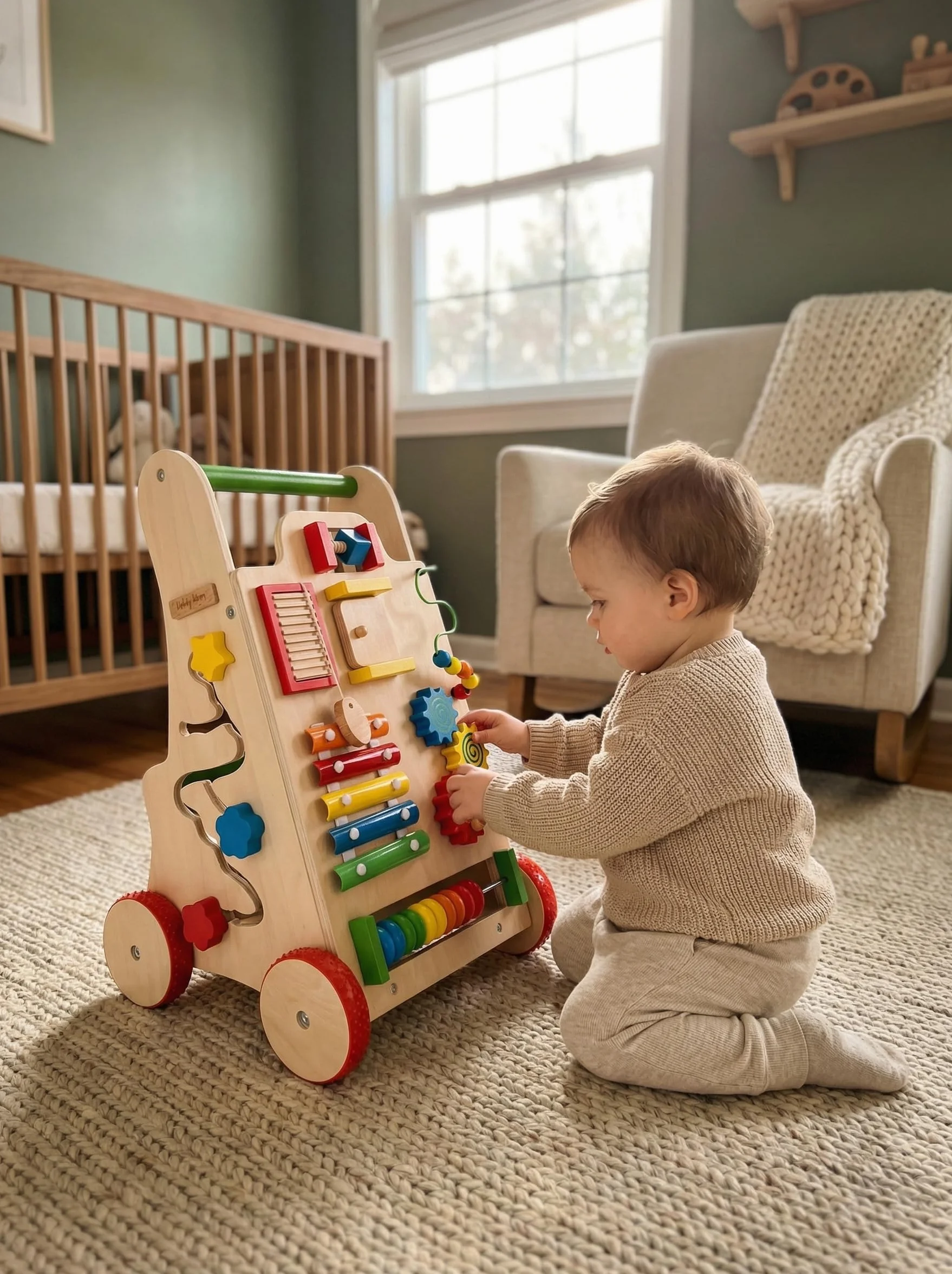 KiddyMoon Drewniany chodzik interaktywna zabawka edukacyjna dla dzieci wielofunkcyjna zabawka do pchania dla niemowląt Montessori Walker dla dzieci model WK-002, wielokolorowa