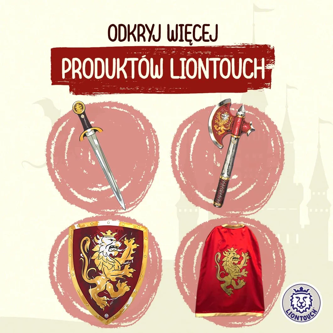 Liontouch Szlachetny kask rycerski, czerwony, średniowieczna zabawka do zabawy w formie pianki dla dzieci ze złotym lwem, trwała i bezpieczna zbroja, akcesorium do przebrania i kostiumów rycerza dla