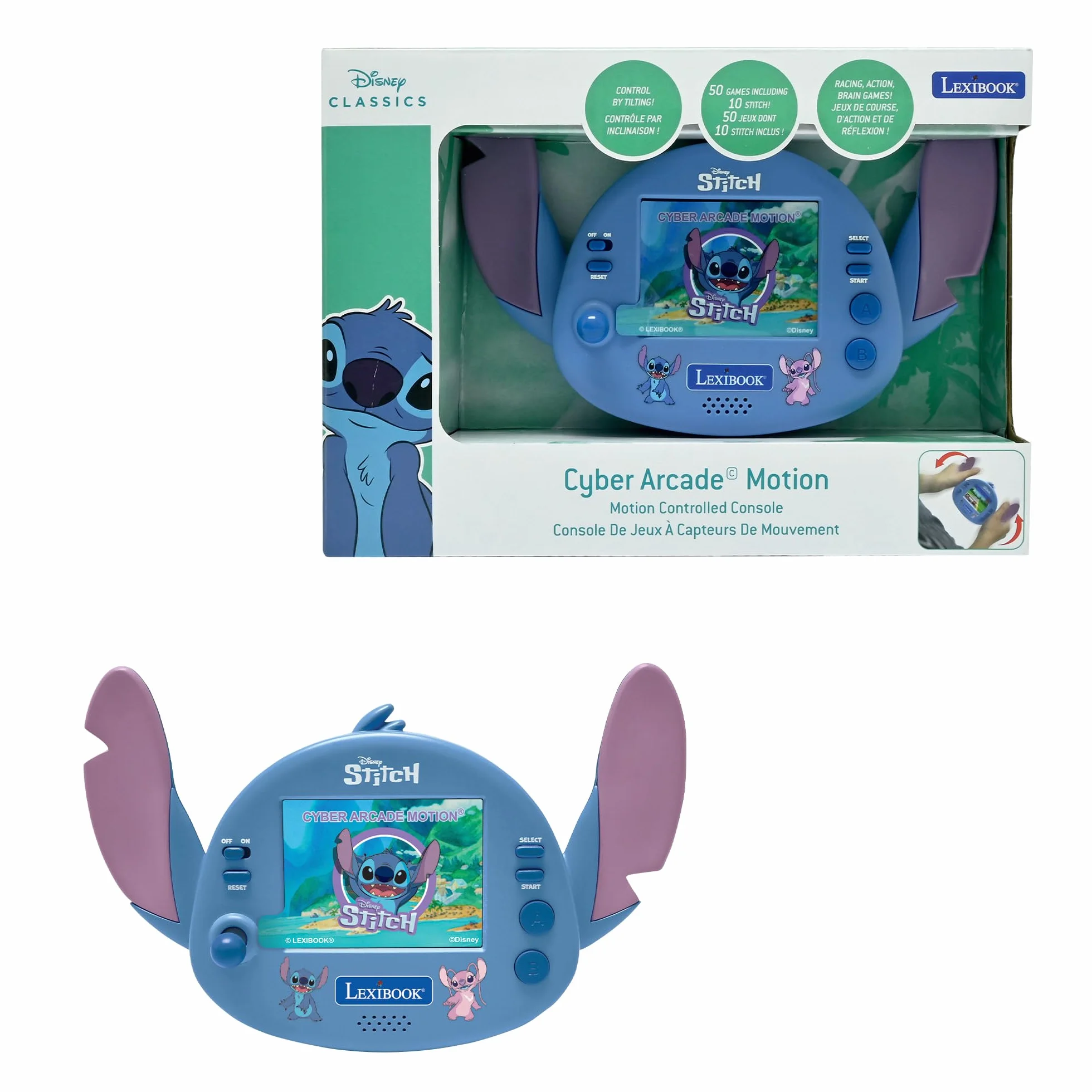 Lexibook - Disney Stitch - kompaktowa przenośna konsola zręcznościowa, 50 gier, kolorowy ekran LCD, zasilanie bateryjne, JL3180D