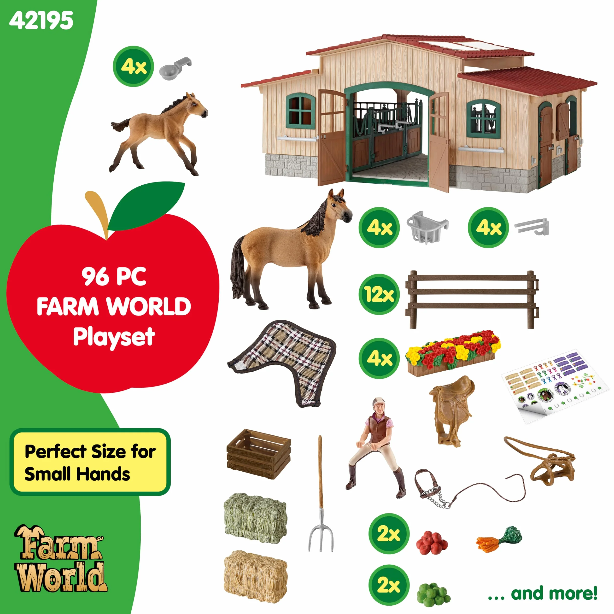 schleich FARM WORLD | Stajnia z końmi i akcesoriami 42195 | Zestaw ze stajnią, padokiem, 2 końmi, figurką dziewczynki i akcesoriami | Zabawka farma od 3 lat | 96 elementów | Ekskluzywnie na Amazon