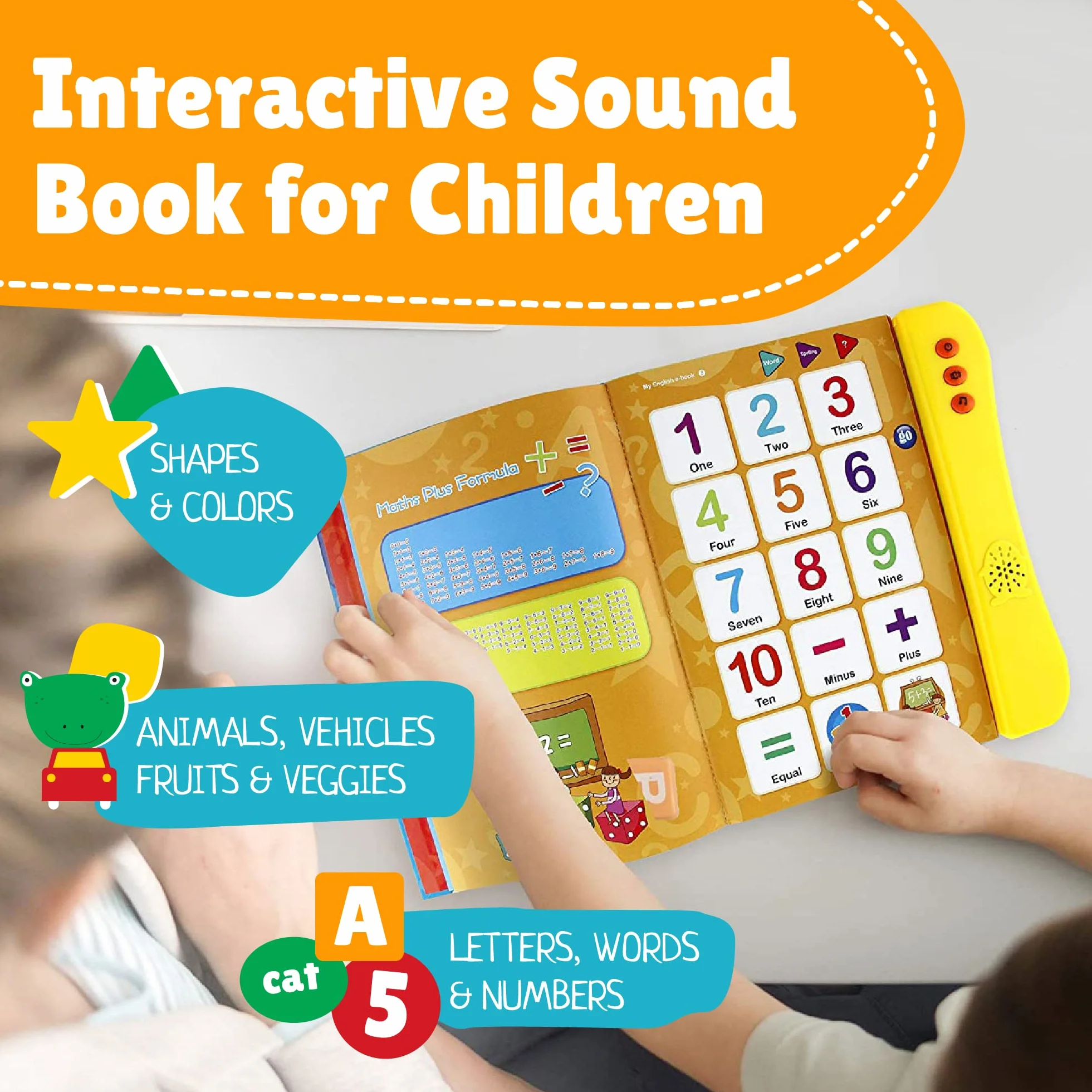 Boxiki kids ABC książka dźwiękowa dla dzieci/angielskich liter i słów, zabawna zabawka edukacyjna do nauki liter, słów, cyfr, kształtów, kolorów i zwierząt dla małych dzieci