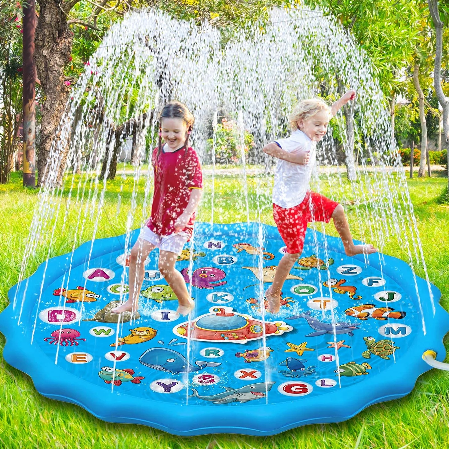 Paochocky Summer Sprinkler Water Play Mat 170 cm Duża Okrągła Nadmuchiwana Mata do Zabawy na Swieżym Powietrzu Letnia Zabawka Wodna do Zajęć Rodzinnych/Plaży/Ogrodu dla Chłopców, Dziewcząt, Zwierząt