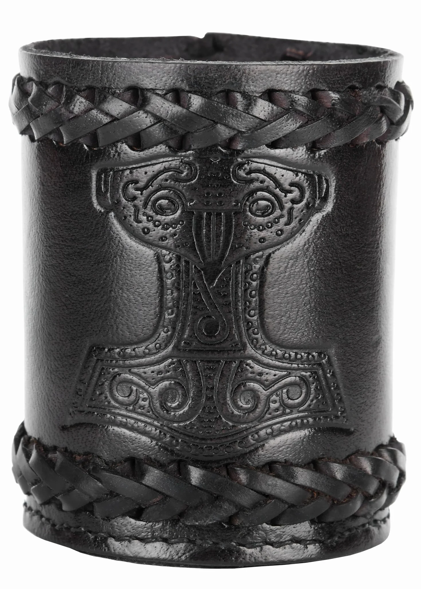 Ulfberth - Wysokiej jakości wikiński kubeczek do gry z motywem Mjölnir, prawdziwa skóra, średniowieczny kubek ze skóry, LARP, Reenactment (Czarny Młot Thora)