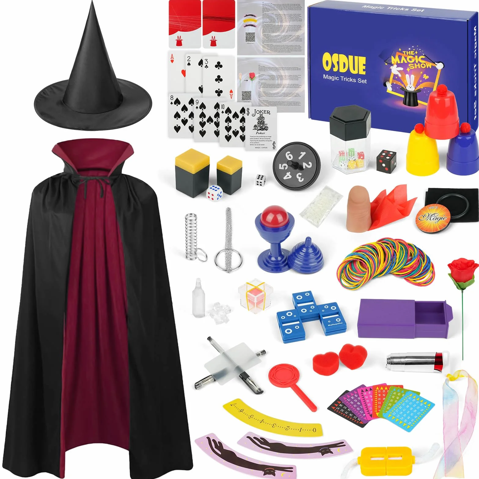 OSDUE Magiczne gry, 24 magiczne sztuczki dla dzieci, mały początkujący magiczna różdżka, zestaw magicznych sztuczek dla dzieci z magiczną peleryną i kapeluszem, prezent dla chłopców, dziewcząt
