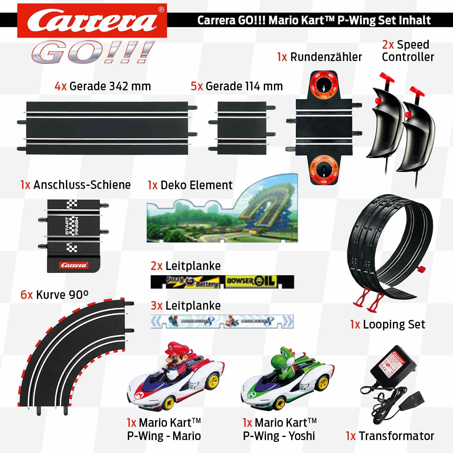 Carrera Go!!! Mario Kart™ - P-Wing zestaw torów wyścigowych z Mario i Yoshi | 2 automaty z 2 regulatorami ręcznymi z przyciskiem turbo | pełen akcji odcinek 4,9 m wraz z loopingiem, licznikiem okrążeń