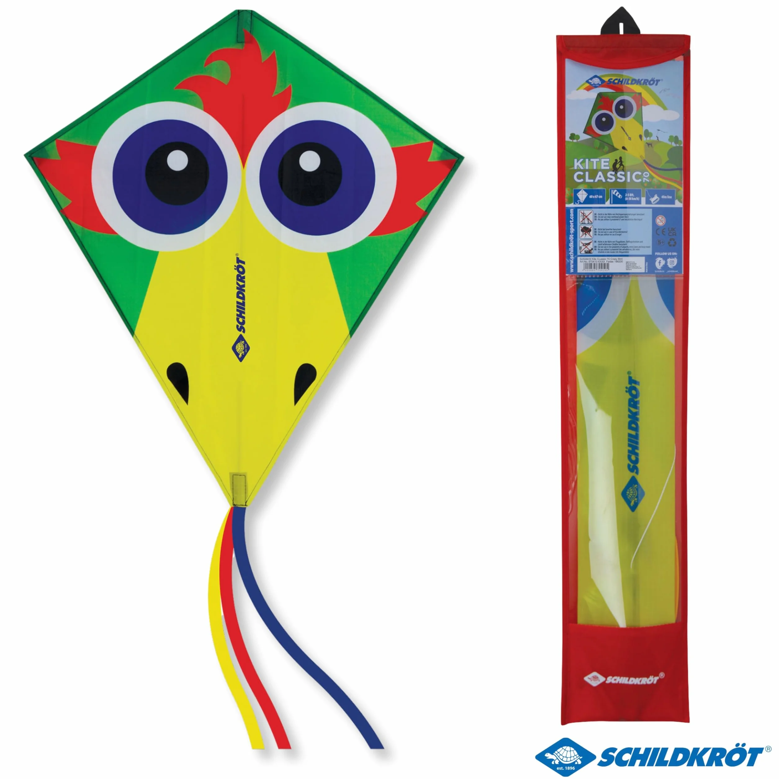 Schildkröt Classic Kite 70, klasyczny kształt, poliester Ripstop z prętami z włókna szklanego, długość 250 cm, 3-częściowy smoczy ogon, 5 kp linka poliestrowa z uchwytem