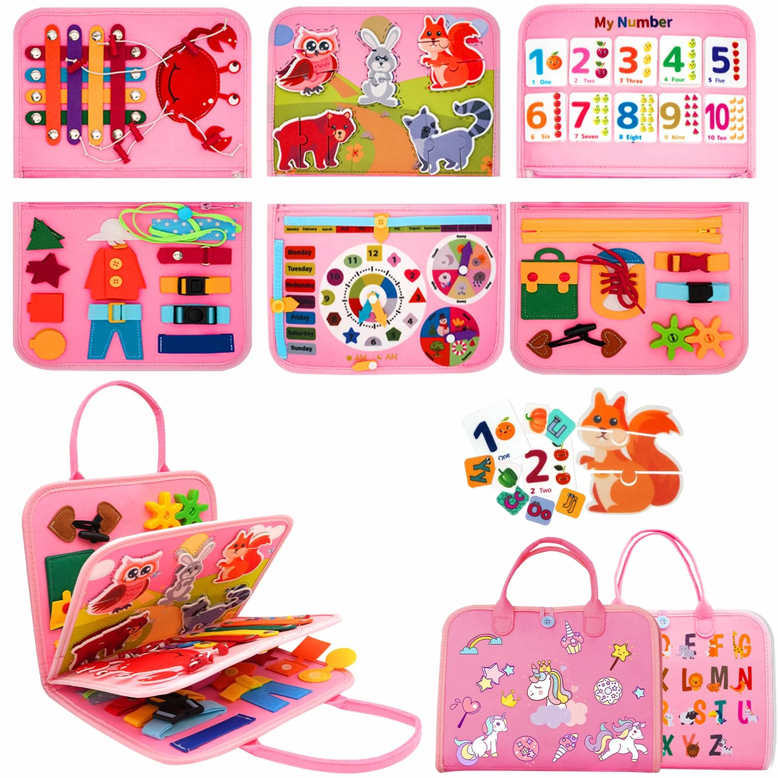 RunHero Busy Board Montessori zabawka dla dzieci od 1 roku życia Quiet Book Activity Board zabawka motoryczna zabawka z filcu 1 2 3 4 5 lat dla dzieci chłopców i dziewczynek