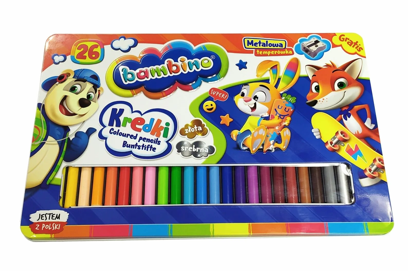 Kredki Bambino drewniane 26 kolorów temperówka opakowanie metalowe