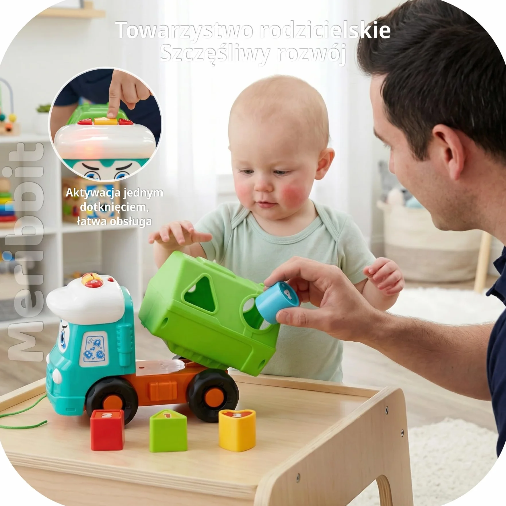 Montessori Zabawka Ciężarówka Wywrotka dla Dzieci 1-3 Lat, Pojazd Sensoryczny z Światłami i Dźwiękami, Sortowanie Kształtów, Zabawka do Ciągnięcia dla Chłopców i Dziewczynek, Edukacyjne
