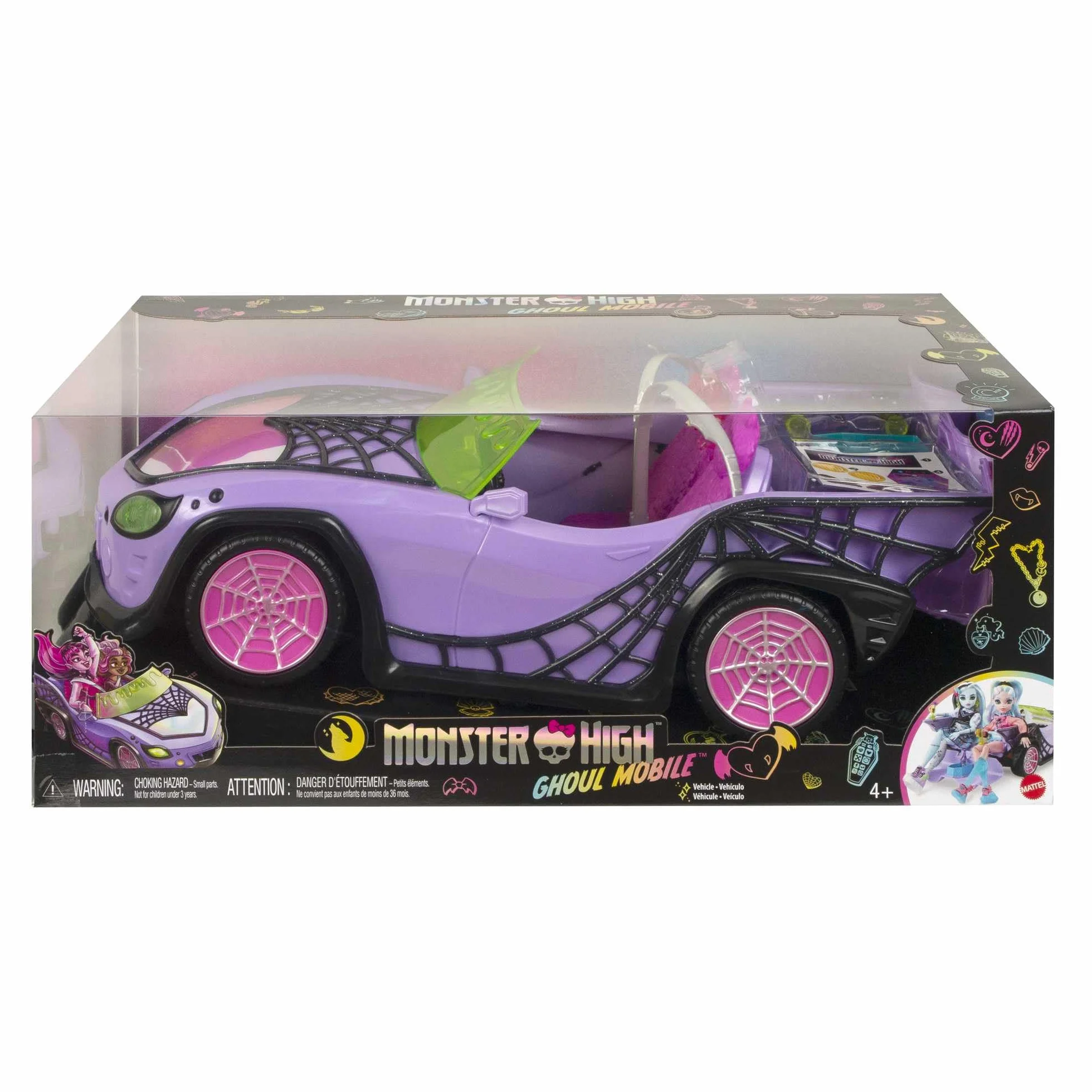 Monster High Fioletowy kabriolet z pajęczą siecią oraz zwierzątkiem i lodówką turystyczną. HHK63