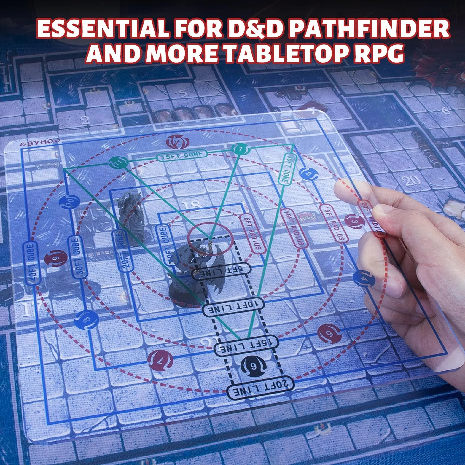 Byhoo Spell AOE Ulepszony szablon uszkodzeń, akrylowy znacznik efektów obszarowych dla DND 5e 3e Pathfinder i więcej tabletop RPG, idealne akcesoria do gier dla Dungeon Master i fanów D&D