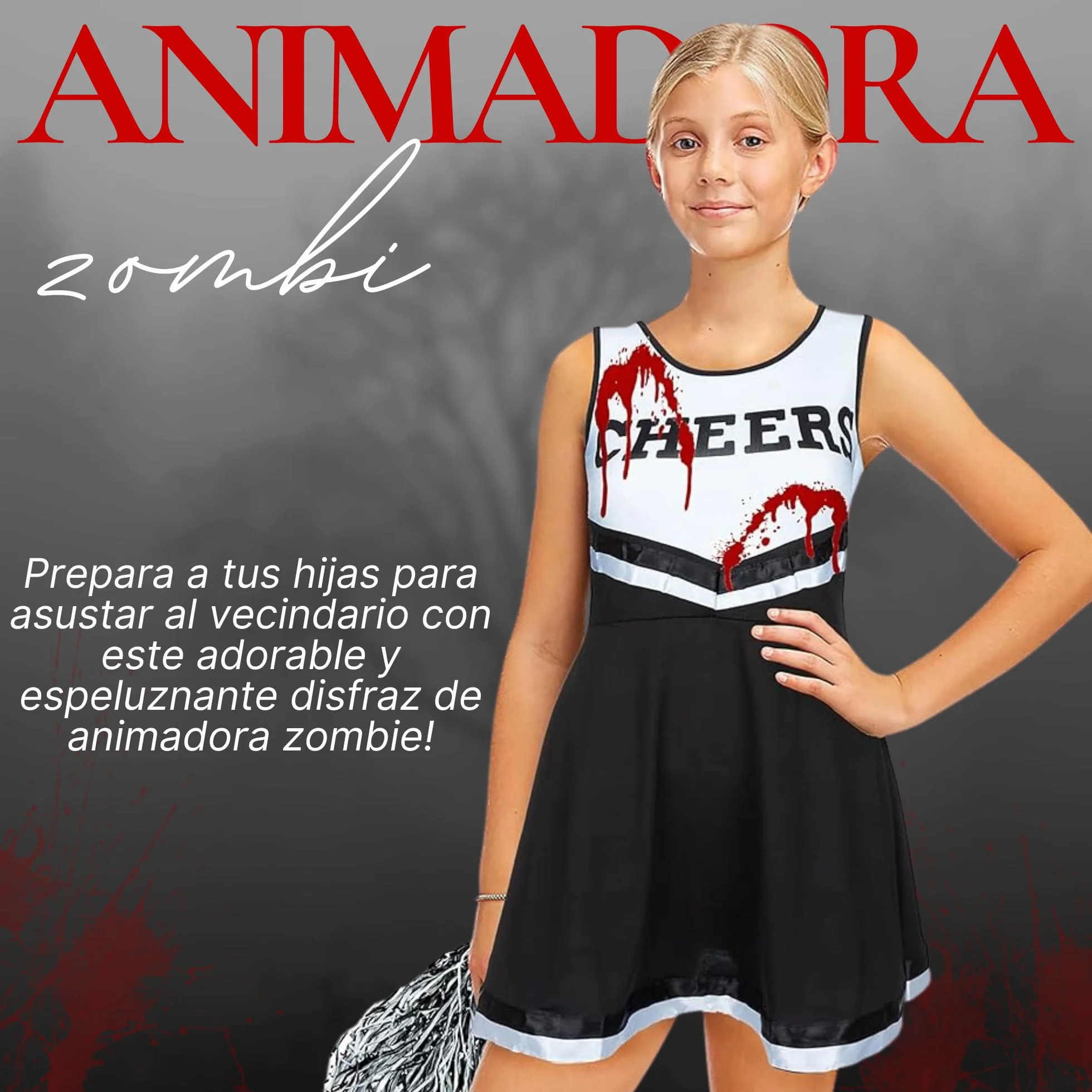 REDSTAR Dziewczyny Halloween Zombie Cheerleader Dead fantazyjny kostium dla dzieci uczennica upiorne dziecko zombie z tubą sztucznej krwi - kostiumy na Halloween imprezy