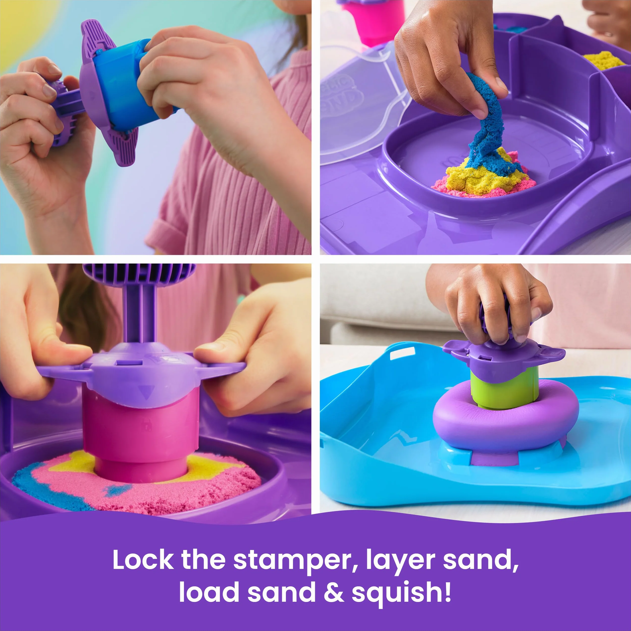 Kinetic Sand, SquishMotion Playset z 1lb Różowy, Żółty, Niebieski Piasek do zabawy, Stamper i 5 narzędzi, Etui do przechowywania wielokrotnego użytku, Zabawki sensoryczne dla dzieci w wieku 5+