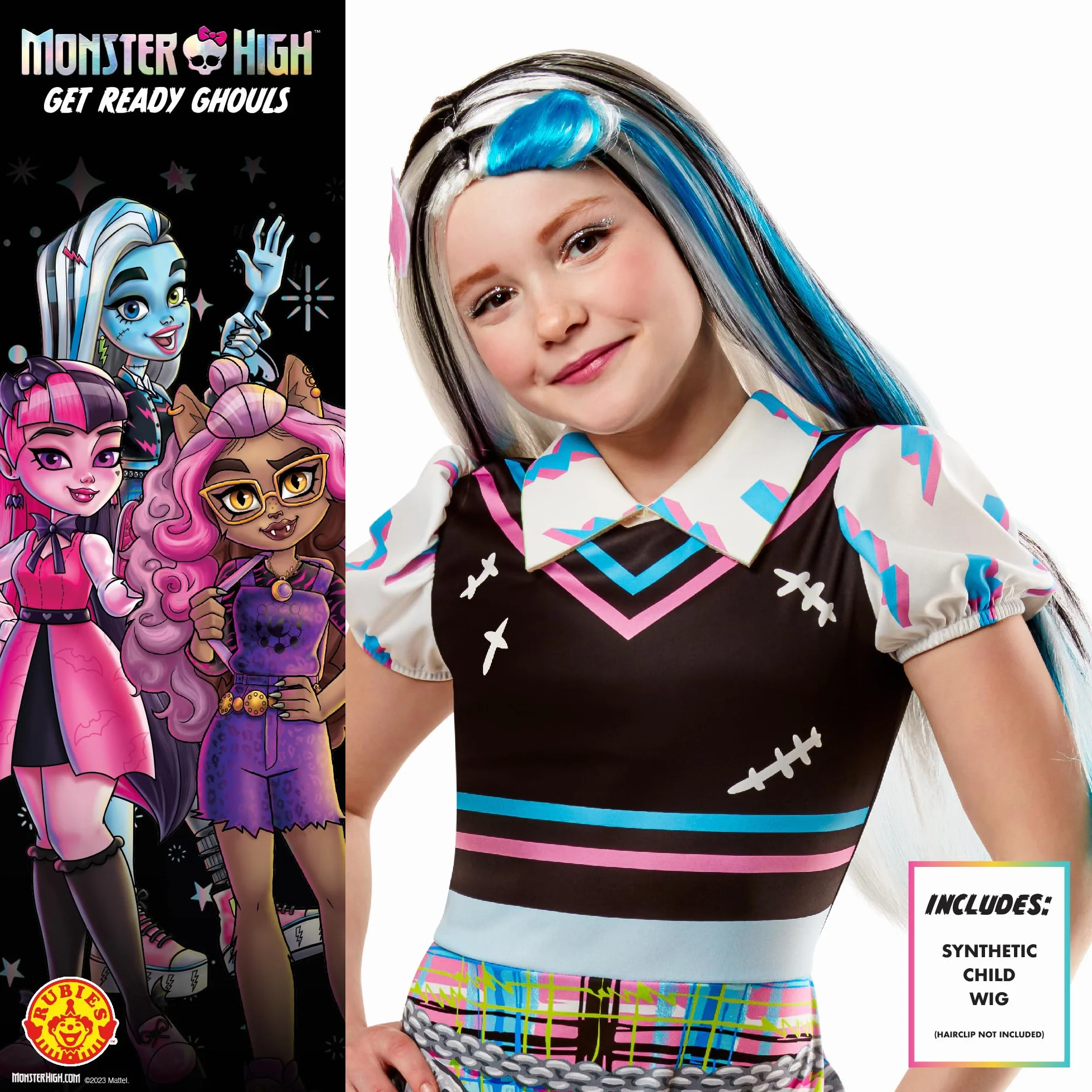 Rubies Frankie Stein peruka dla dziewczynek, standardowy rozmiar, oficjalna peruka Monster High, na karnawał, Boże Narodzenie, urodziny, imprezę i Halloween.