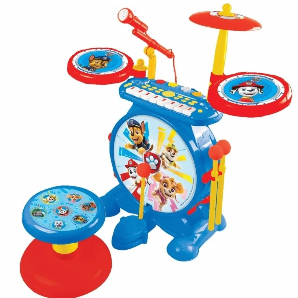 Lexibook K610PA Paw Patrol Chase Elektroniczny Zestaw dla Dzieci, Muzyczna Zabawka, Realistyczny Dźwięk Perkusji, 8-Klawiszowa Klawiatura, Wtyczka Mp3, Siedzisko w Zestawie, Niebieski, Czerwony