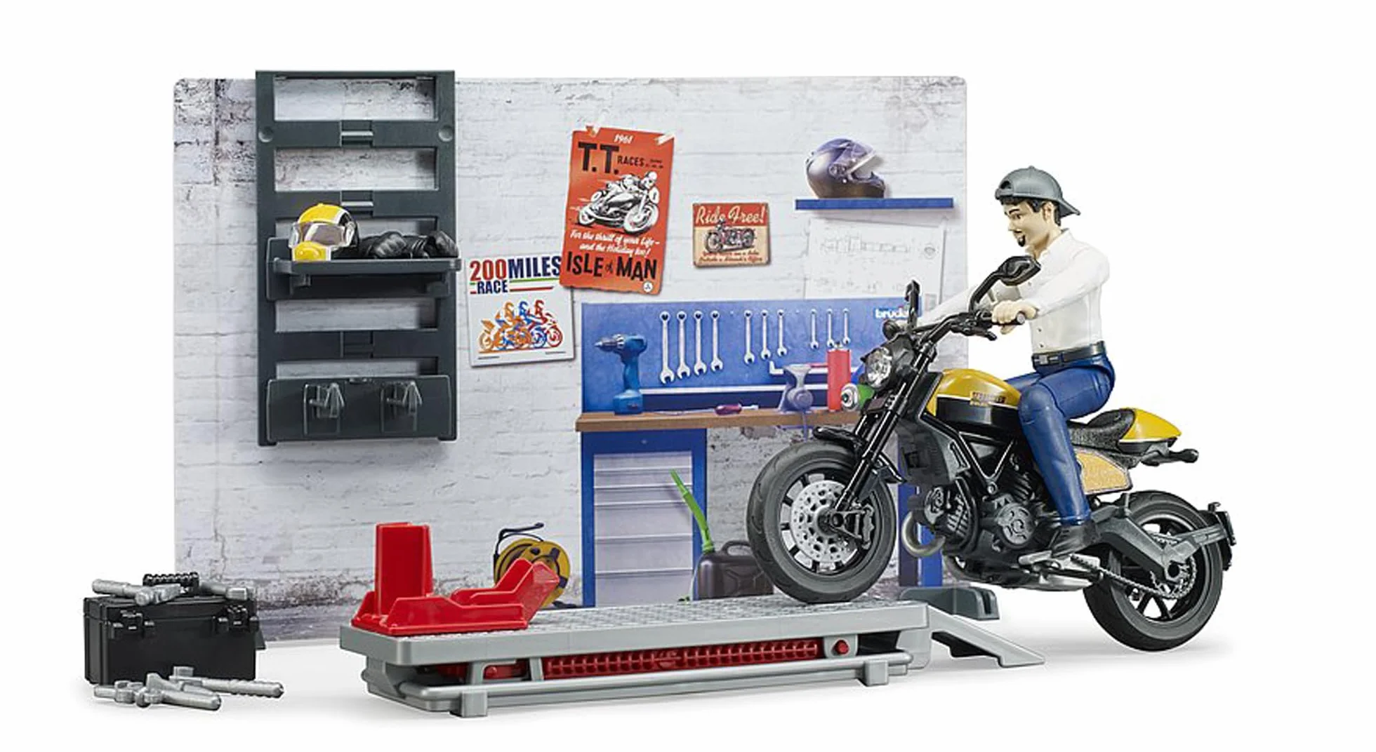 bruder 62102 - bworld warsztat motocyklowy Scrambler Ducati Full Throttle z mechanikiem, warsztat, zabawkowa figurka