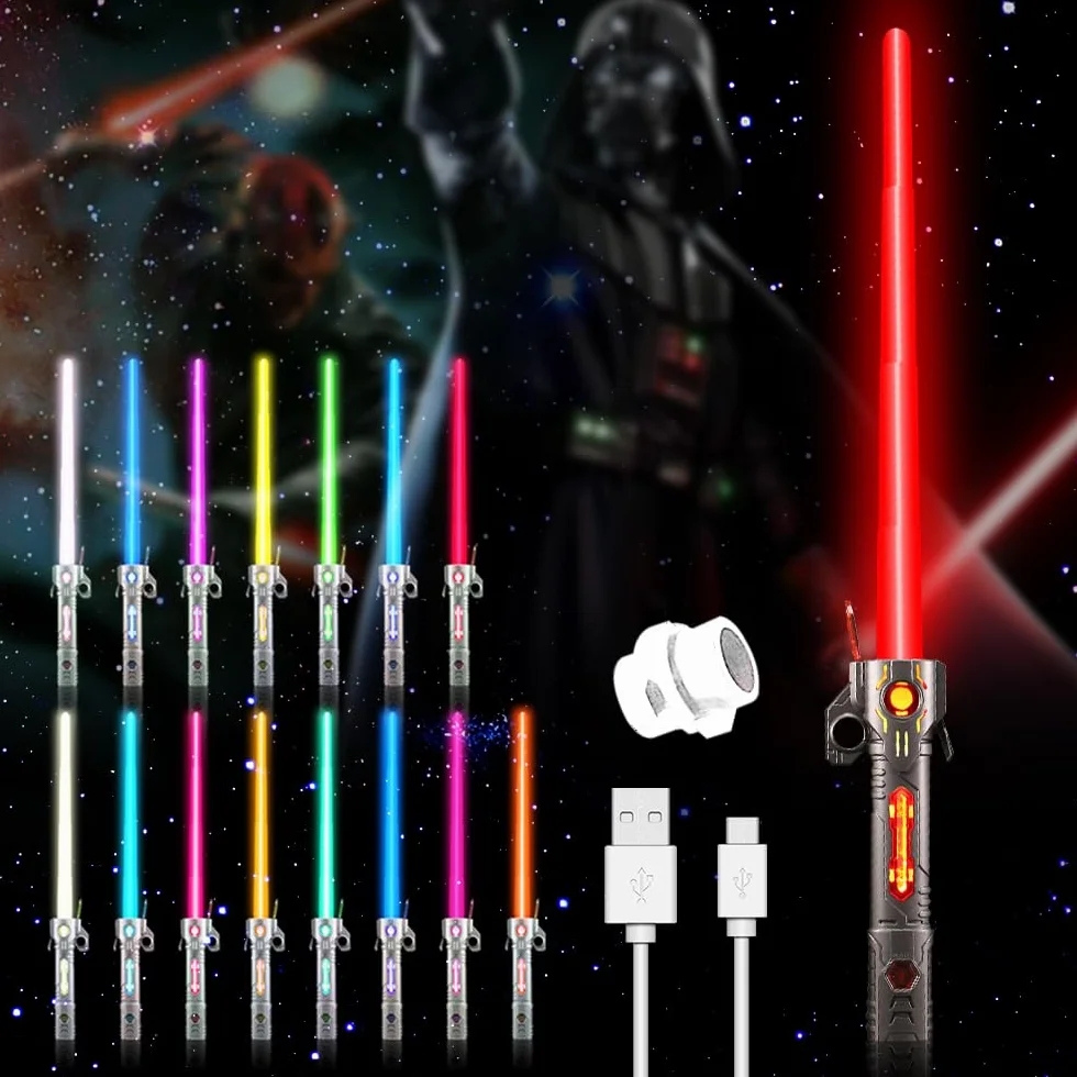 Miecz laserowy zabawka dla dzieci, Lightsaber, RGB 15 kolorów miecz laserowy Star Wars z symulowanymi efektami dźwiękowymi świecący miecz laserowy, wysuwany miecz świetlny 2 w 1 dla dzieci