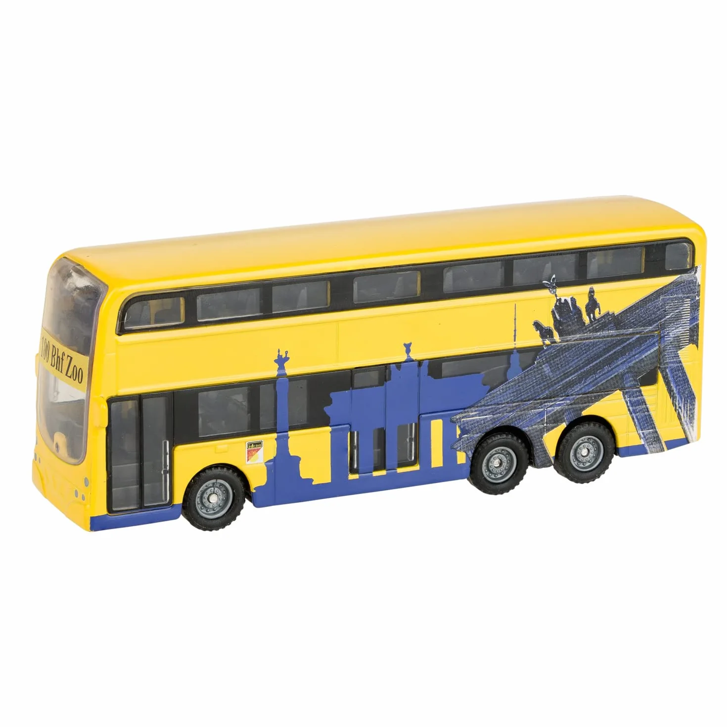 Idena 40107 model autobusu berlińskiego dwupokładowego z silnikiem cofania 18,5x13,5x4,5 cm żółty zabawka pamiątka kolekcjonerski
